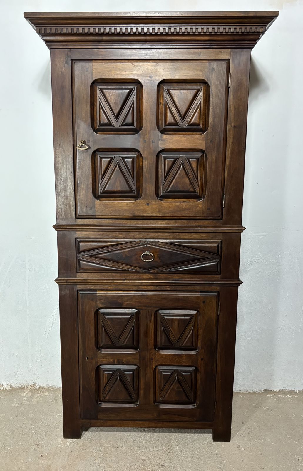 Early 20th Century Spanish Renaissance Style Walnut Cabinet With Geometric Carve photo Furniture