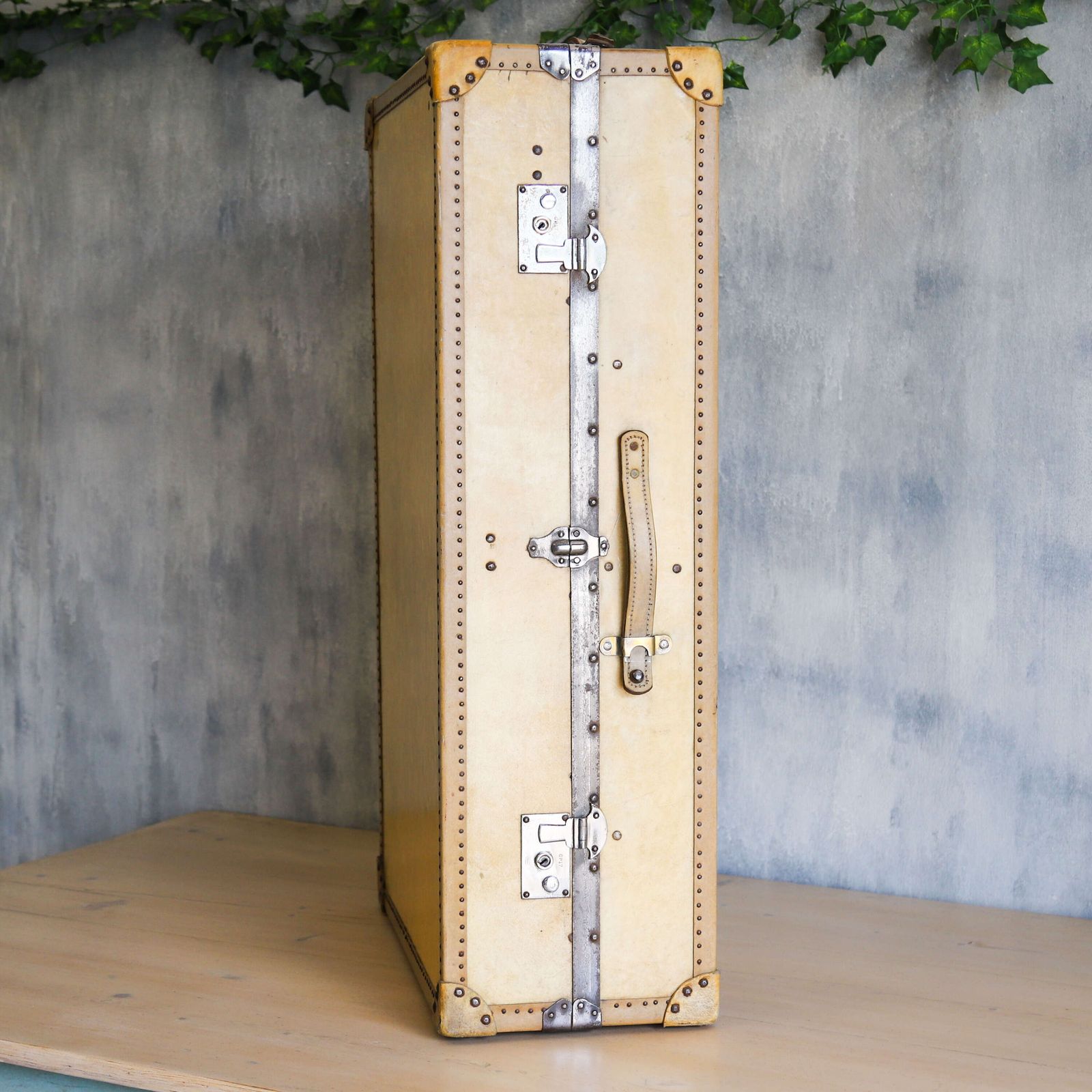 English Vellum Compactum Travel Trunk — Early 20th Century Wardrobe Luggage, C.1920s photo Furniture