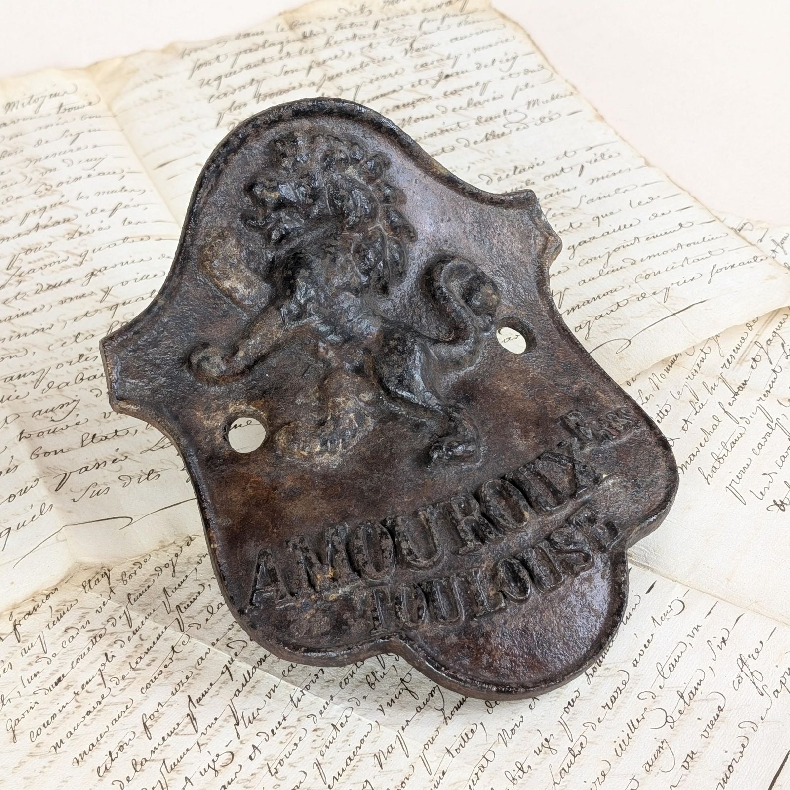 Cast Iron Lion Shield Plaque, Antique French Amouroux Freres Toulouse Agricultural Machinery Mark, Rustic Industrial Farmhouse Salvage photo furniture