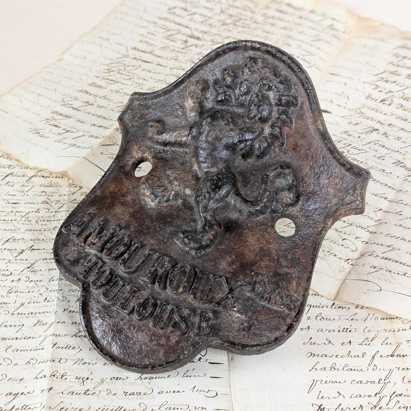 Cast Iron Lion Shield Plaque, Antique French Amouroux Freres Toulouse Agricultural Machinery Mark, Rustic Industrial Farmhouse Salvage photo Art