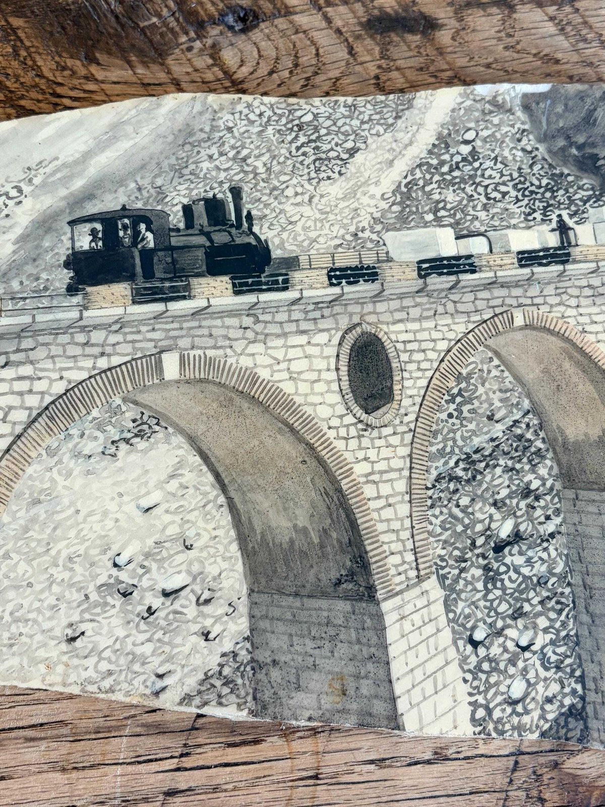 Vintage Italian Marble Plaque Railway Viaduct | Steam Train Wall Art | Industrial Alpine Scene | Large Stone Art 42cm photo Art