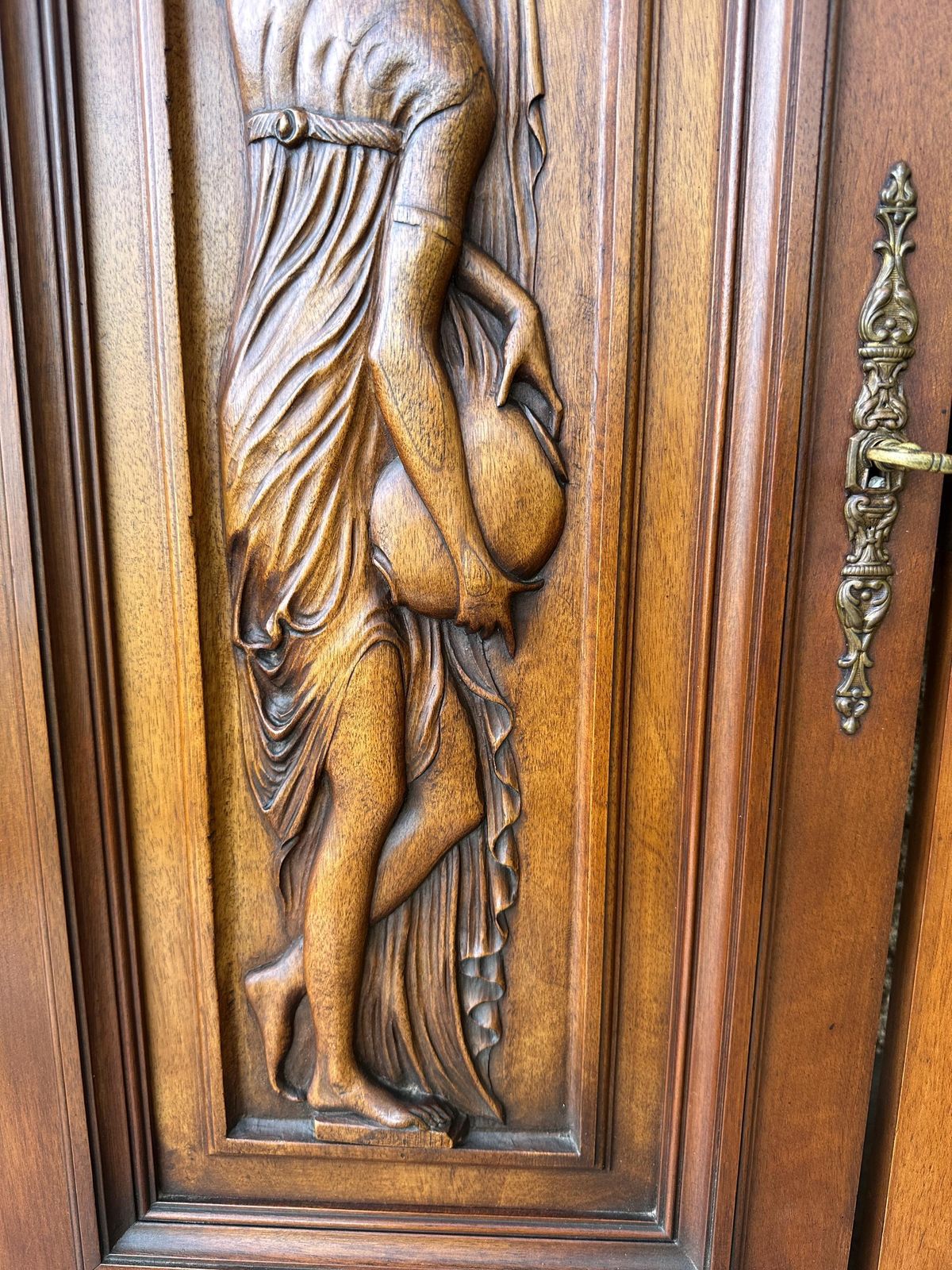 Antique French Walnut Doors | Hand Carved Neo Greek Cabinet Panels | 19th Century Wall Decor photo for sale