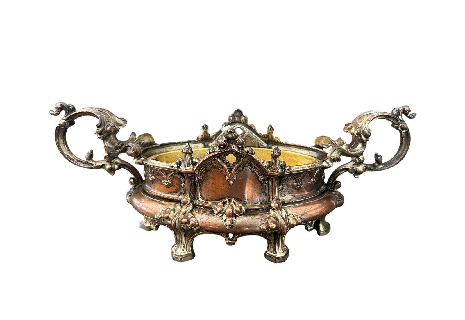 19th C. Gothic Revival Planter | Antique French Spelter Jardiniere | Troubadour Style Centerpiece | Medieval Decor photo for sale