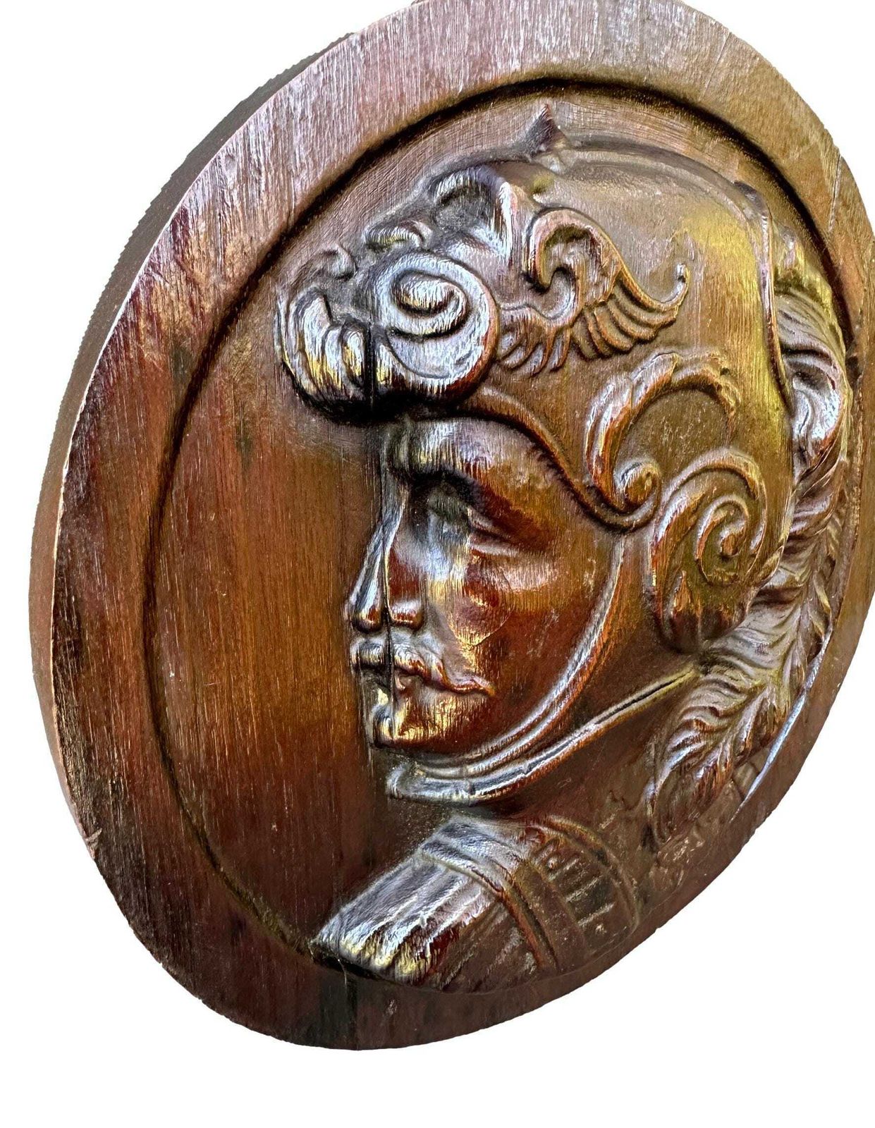 19th Century Hand Carved Walnut Bas Relief Knight Portrait – Renaissance Revival Wall Plaque photo 226.0