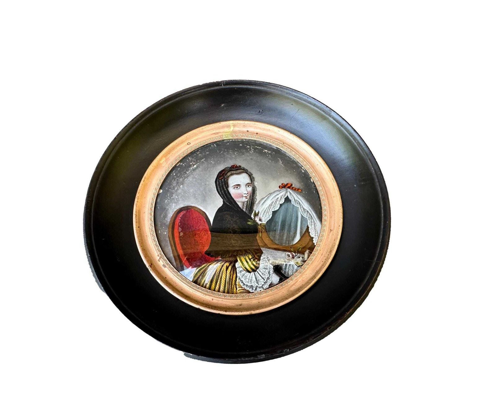 Antique French Empire Miniature Painting – Young Lady Dressing Table, églomisé Art