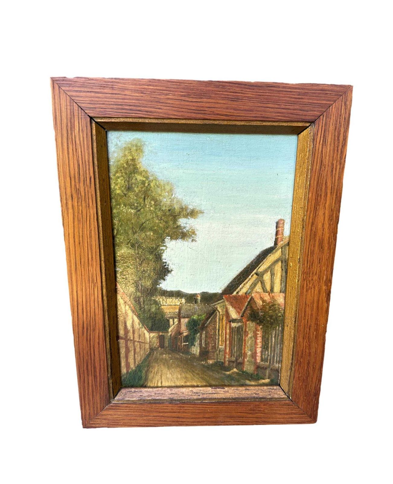 Early 20th Century Oil Painting On Panel   Village Street Scene   Original Oak Wood Frame photo furniture
