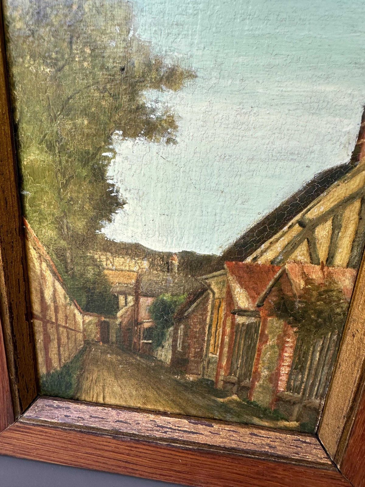 Early 20th Century Oil Painting On Panel   Village Street Scene   Original Oak Wood Frame photo 317.0