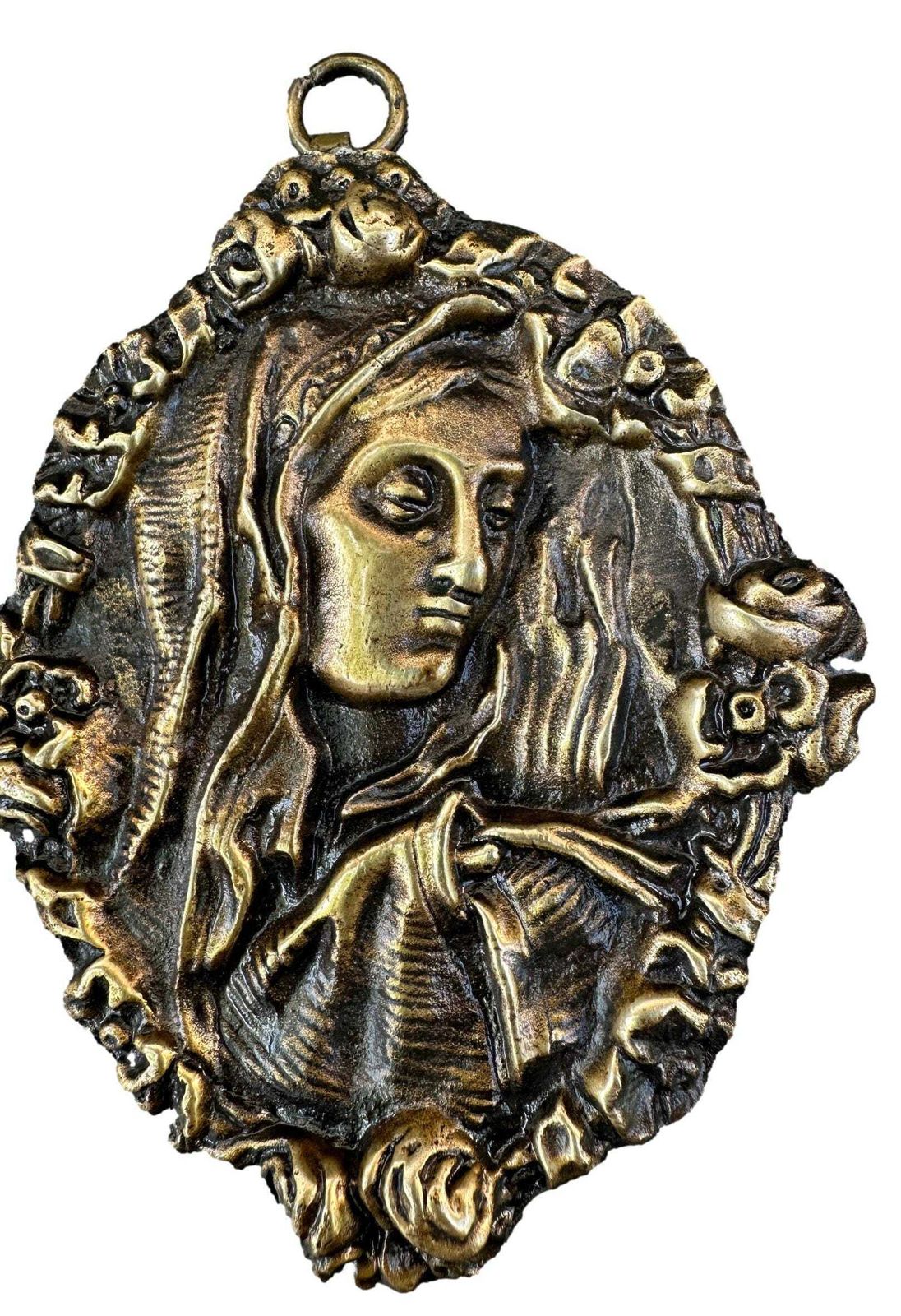 Antique French Bronze Medallions Pair – Virgin Mary Jesus Christ C. 1900 Wall Art photo vinterior