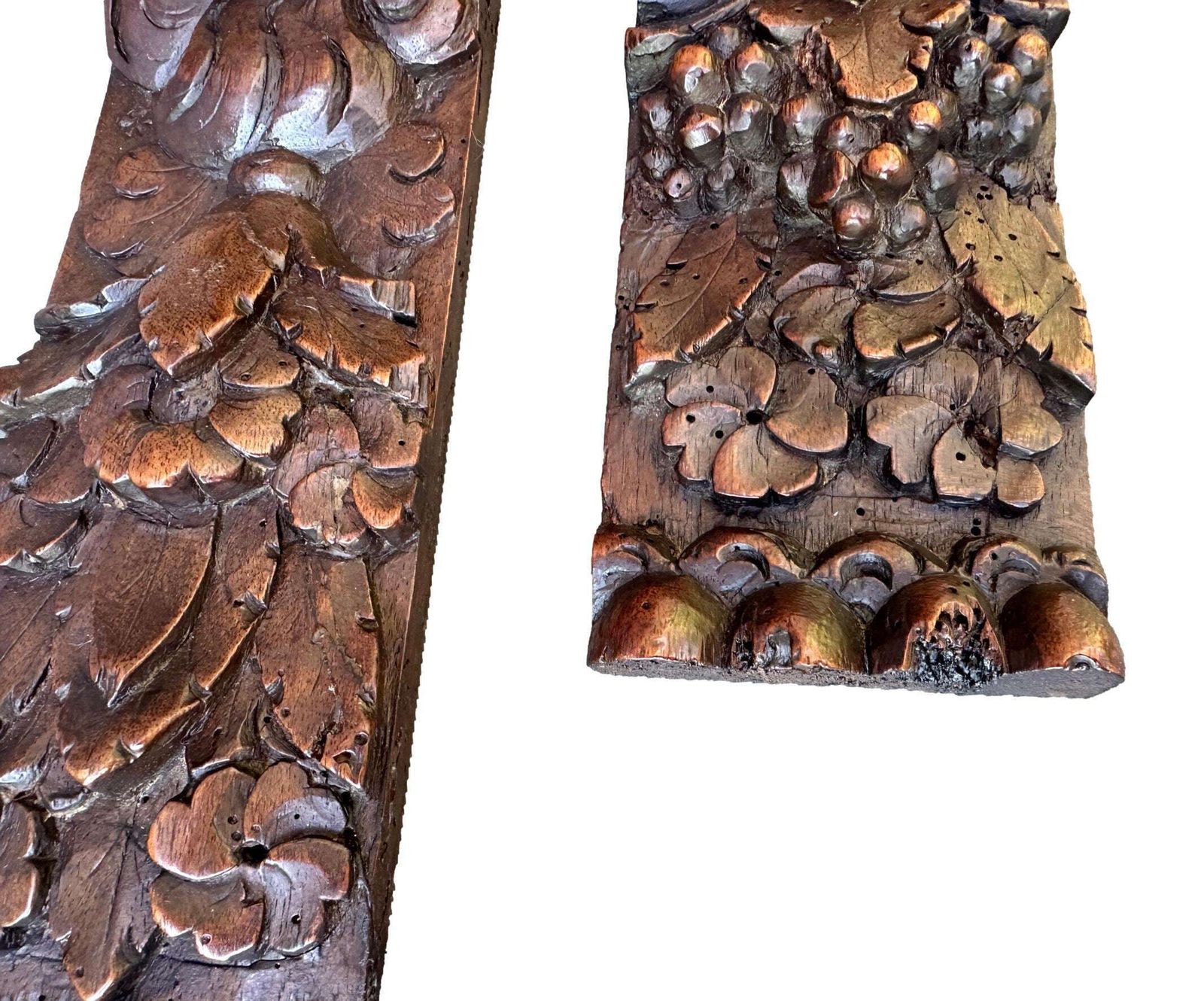 photo for sale 18th Century Carved Walnut Lion Ornaments – French Baroque Architectural Salvage, Château Decor