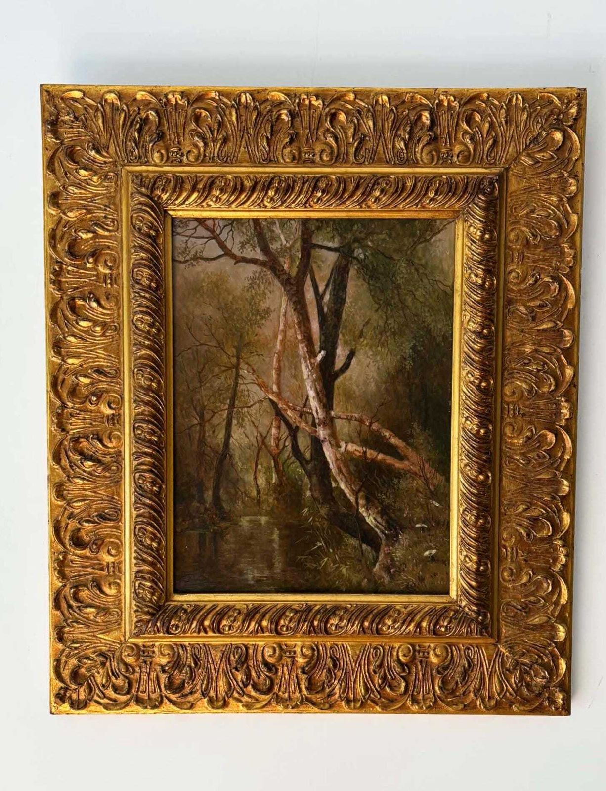 Forest Scene Oil Painting Signed And Dated, Moody Vintage Framed European Forest Interior, Ornate Gold Frame, Rustic Cottage Wall Art photo for sale