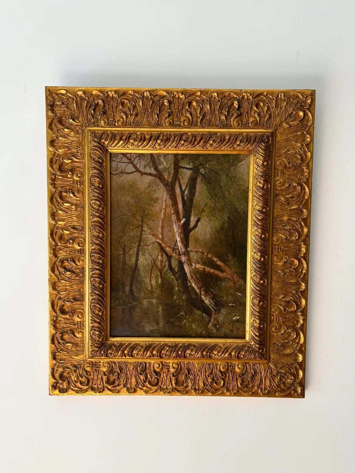 Forest Scene Oil Painting Signed And Dated, Moody Vintage Framed European Forest Interior, Ornate Gold Frame, Rustic Cottage Wall Art photo buy