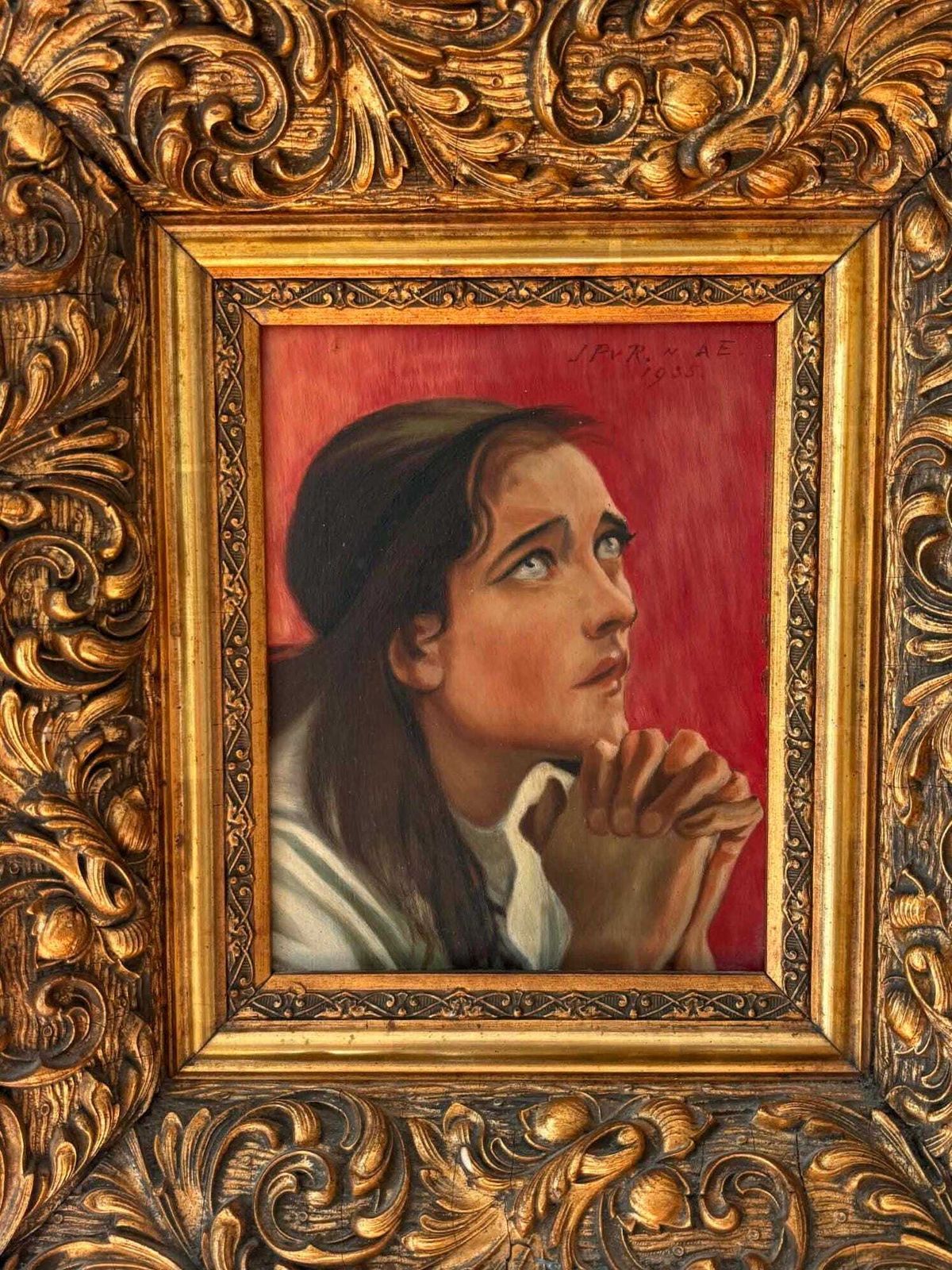 Antique Religious Portrait Painting, Signed 1935, Ornate Gold Frame photo furniture