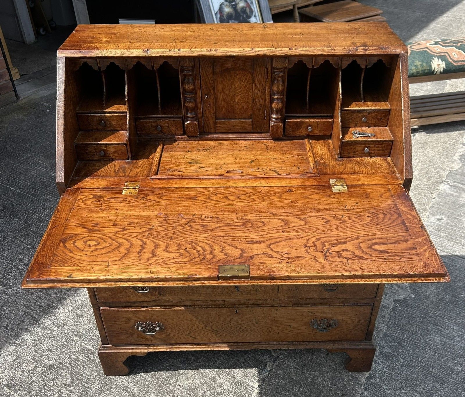 photo vinterior Quality English Country Solid Distressed Oak Bureau Desk With Fitted Interior