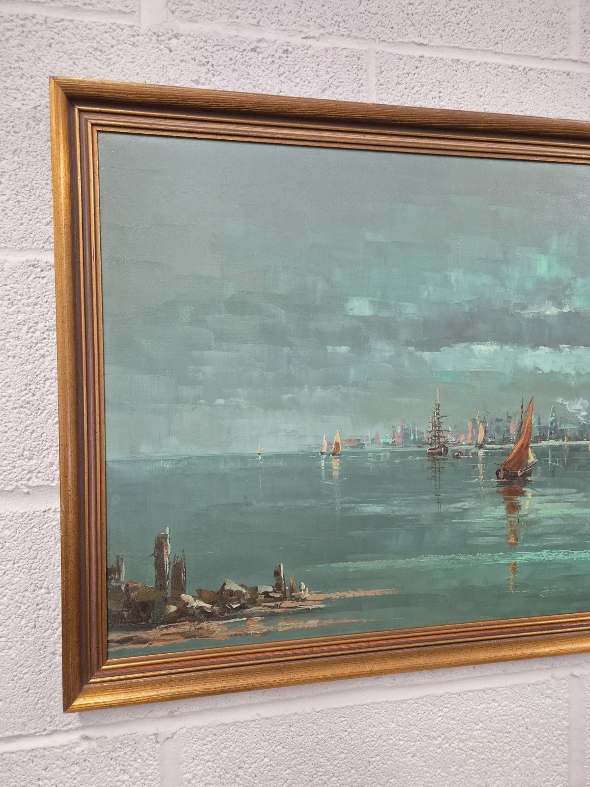 Vintage Mid Century Seascape Oil Painting Signed And Framed Large Marine Art photo furniture