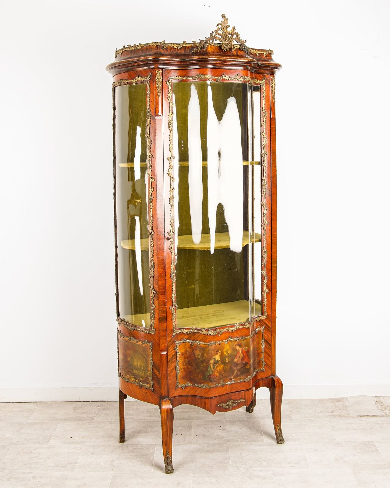 19th Century French Kingwood Vitrine Display Cabinet   Vernis Martin Panels, Ormolu Mounts & Curved Glass photo for sale