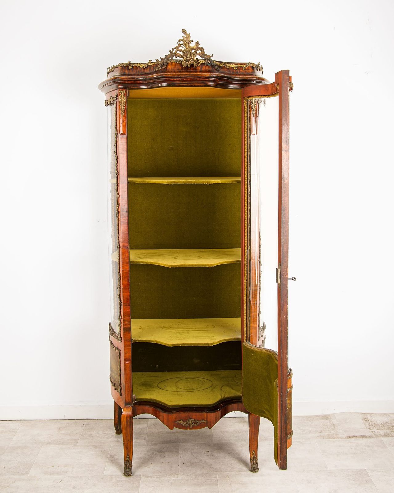 19th Century French Kingwood Vitrine Display Cabinet   Vernis Martin Panels, Ormolu Mounts & Curved Glass photo vinterior