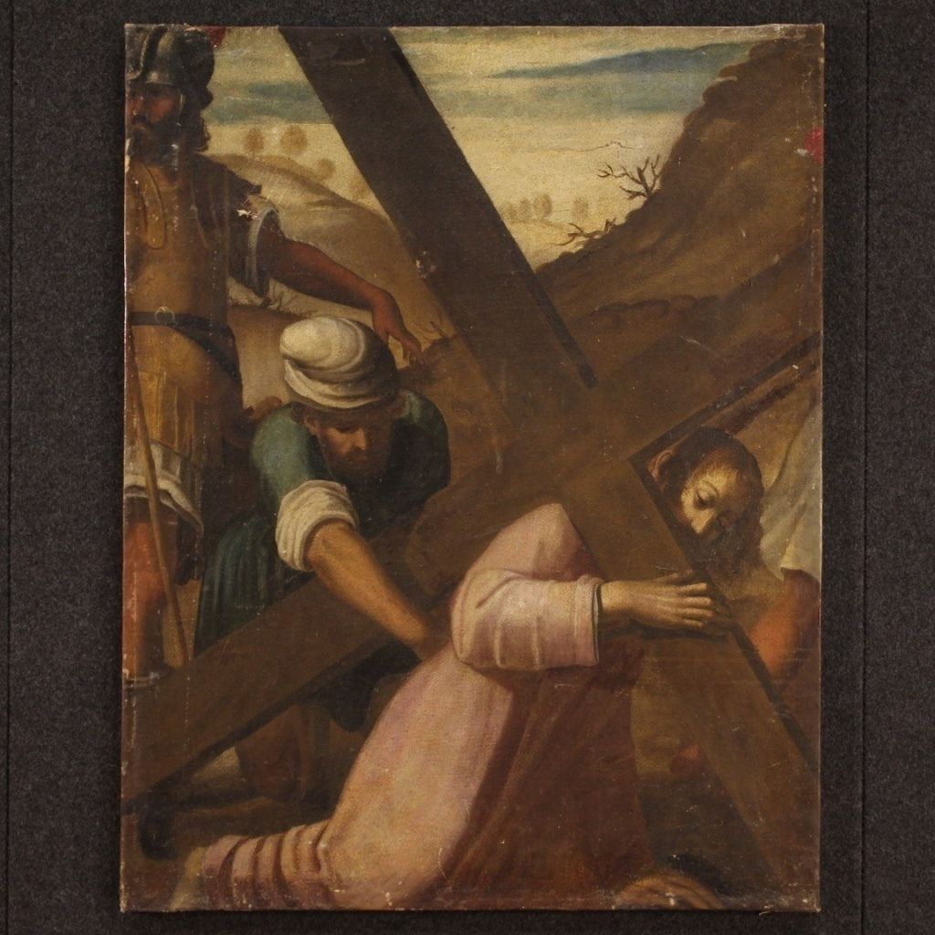 Antiek Italiaans schilderij van de Kruisweg, Tocht naar Calvarie, 17e eeuw