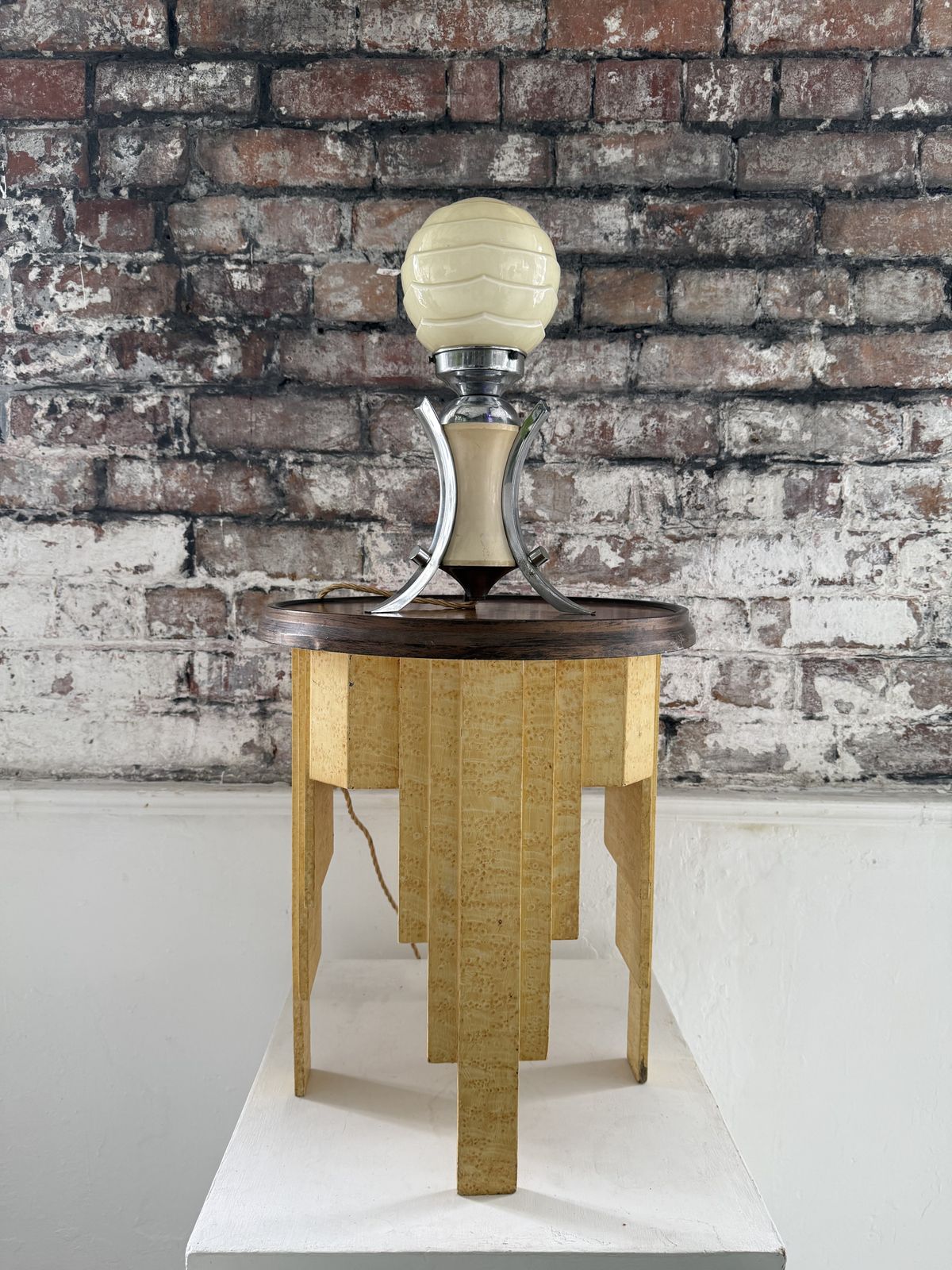 photo for sale 1930s Art Deco Occasional Table With Faux Bird’s Eye Maple Finish And Patinated Metal Top