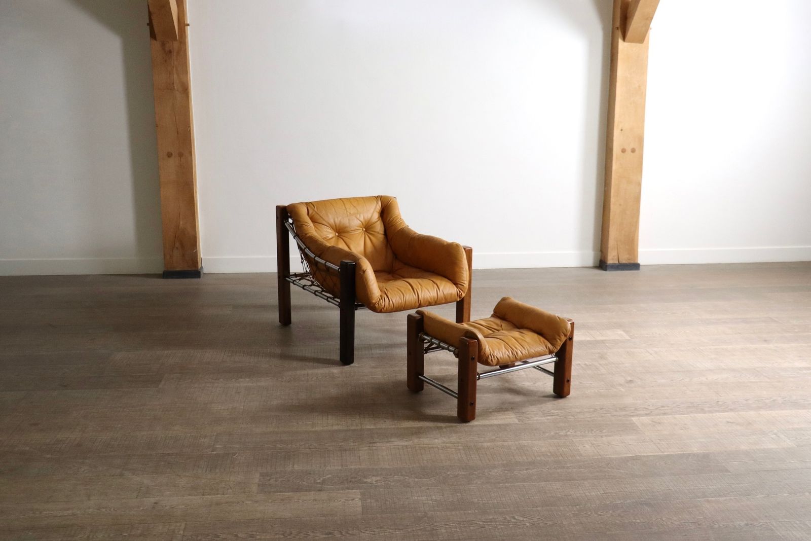 photo for sale Rare Amazonas Lounge Chair With Ottoman In Cognac Leather By Jean Gillon Brazil 1960s