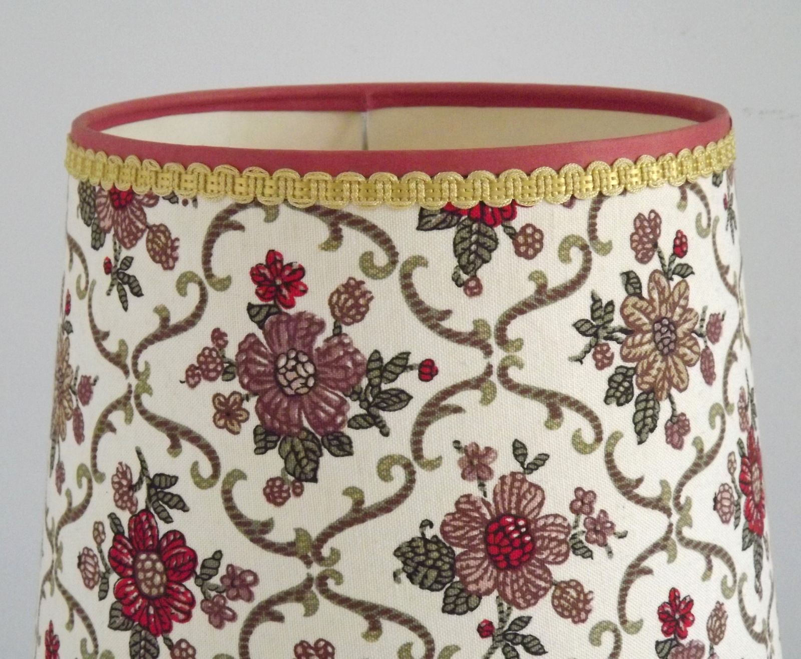 photo for sale French Vintage Round Wooden Barley Twist Table Lamp With Floral Shade