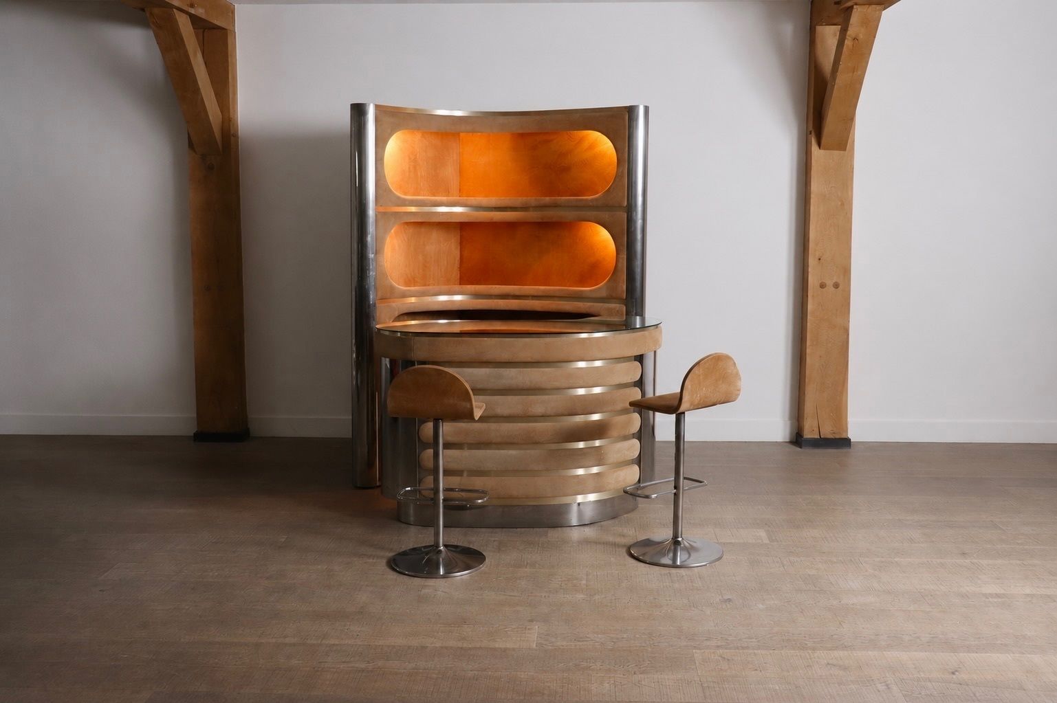 Suede And Chrome Dry Bar With Barstools In Cognac By Willy Rizzo, Italy 1970s photo vinterior