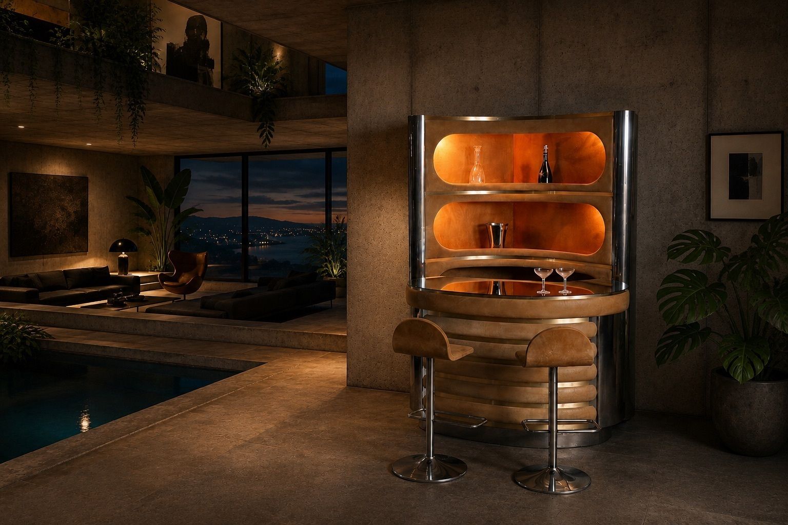 13800.0 Suede And Chrome Dry Bar With Barstools In Cognac By Willy Rizzo, Italy 1970s photo