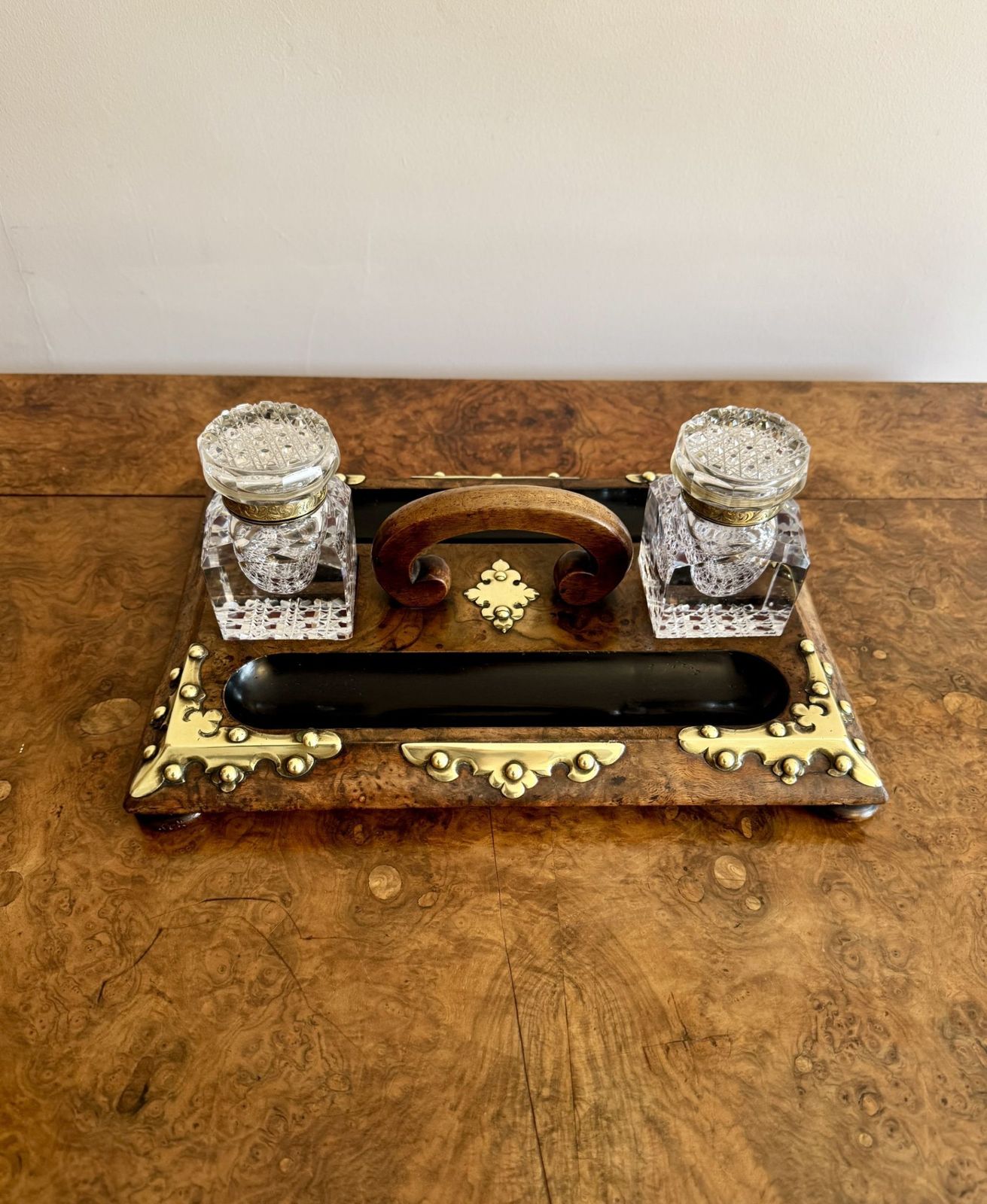 Fantastic Quality Antique Burr Walnut Brass Mounted Double Sided Desk Set photo vintage