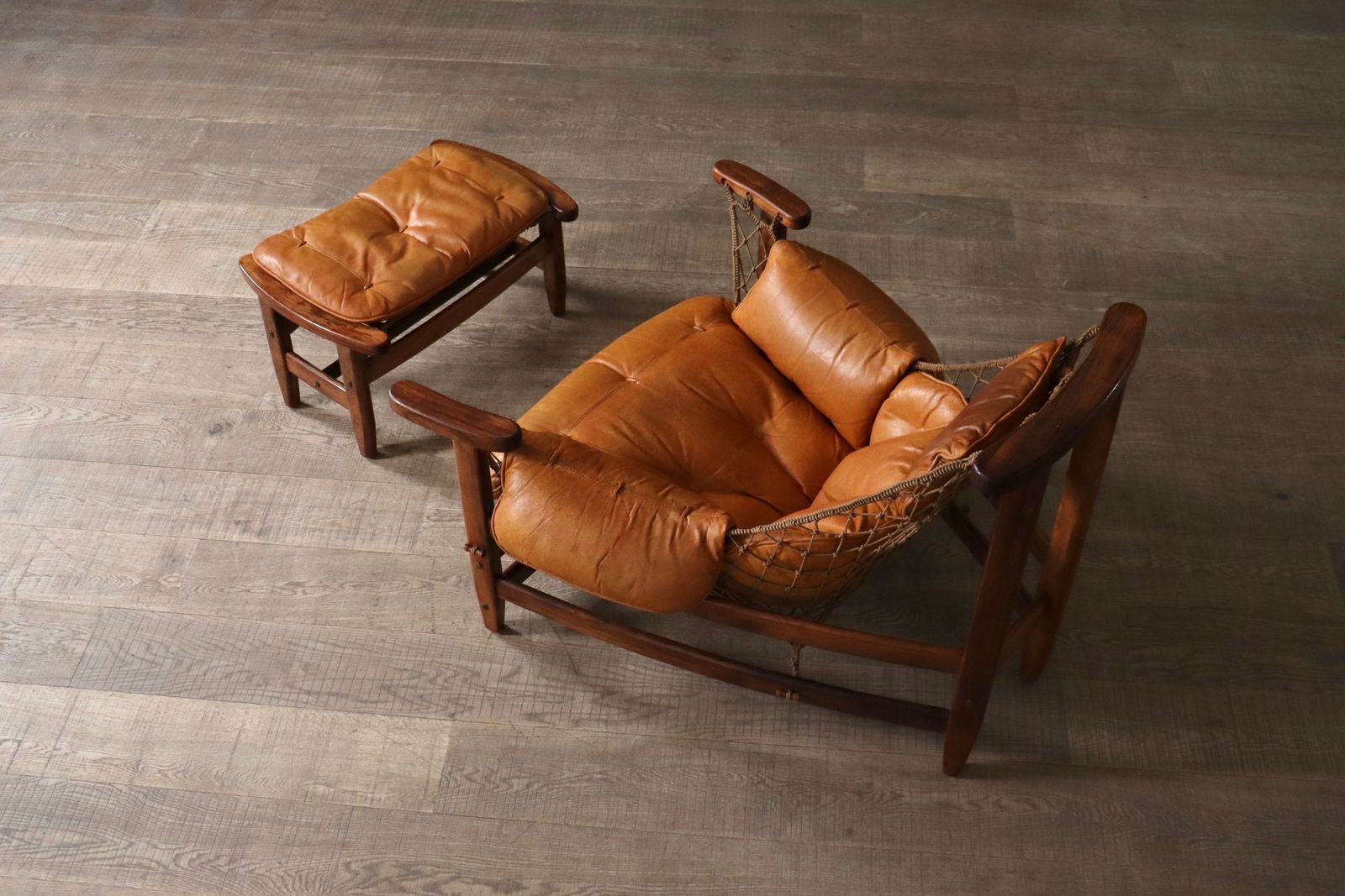 Jangada Lounge Chair With Ottoman In Cognac Leather By Jean Gillon Brazil 1960s photo for sale