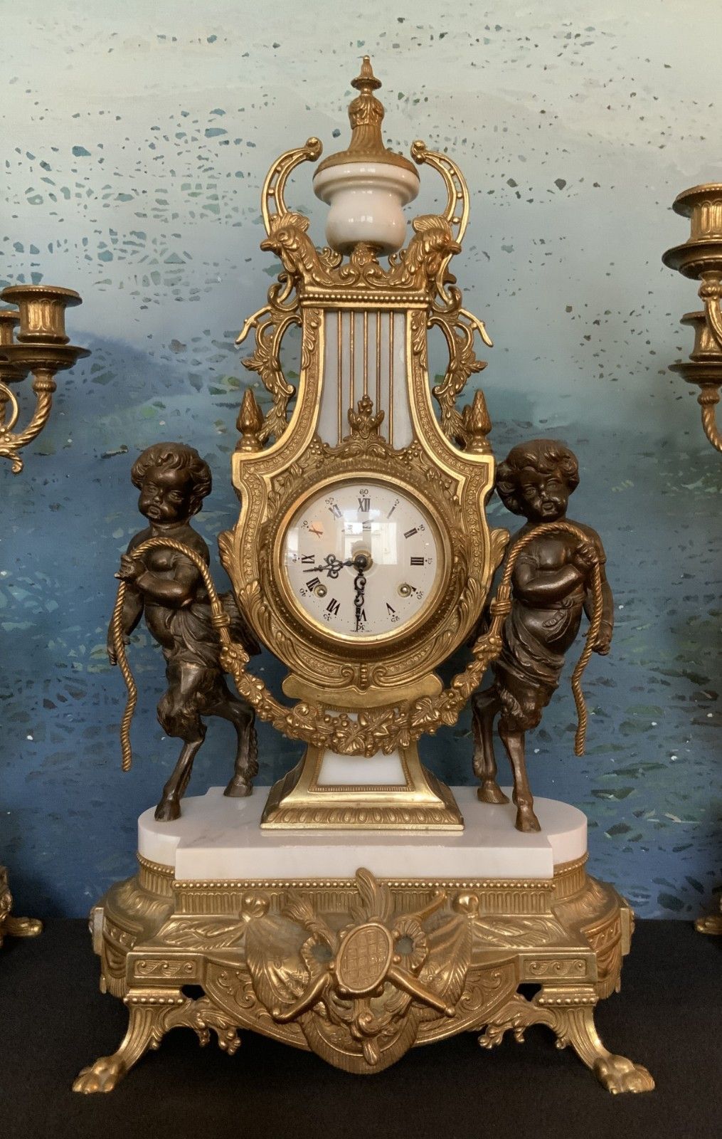 Huge Italian Bronze & Marble 3 Piece Garniture Clock Set Inc Candelabra 8 Day photo furniture