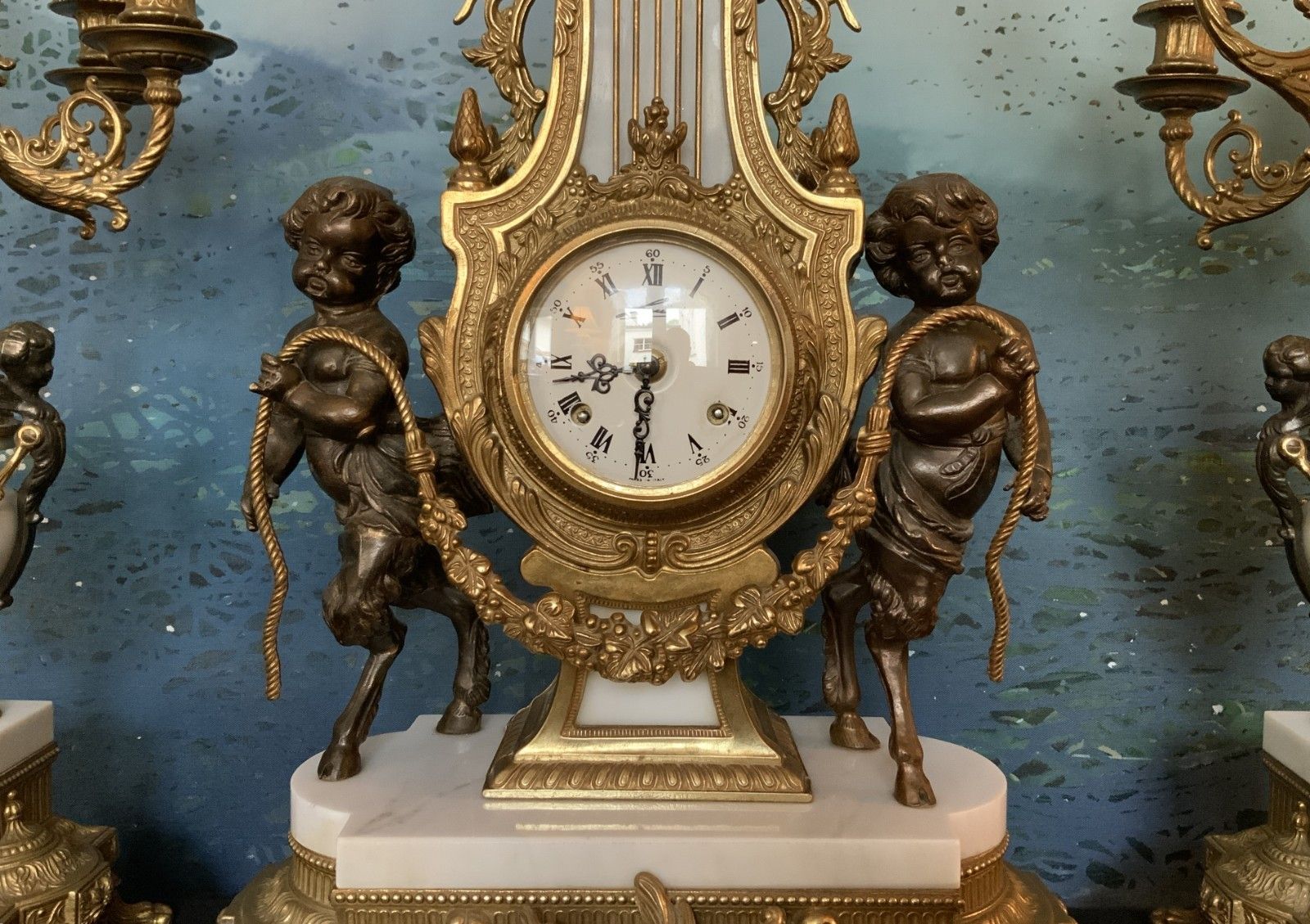 Huge Italian Bronze & Marble 3 Piece Garniture Clock Set Inc Candelabra 8 Day photo Home Decor