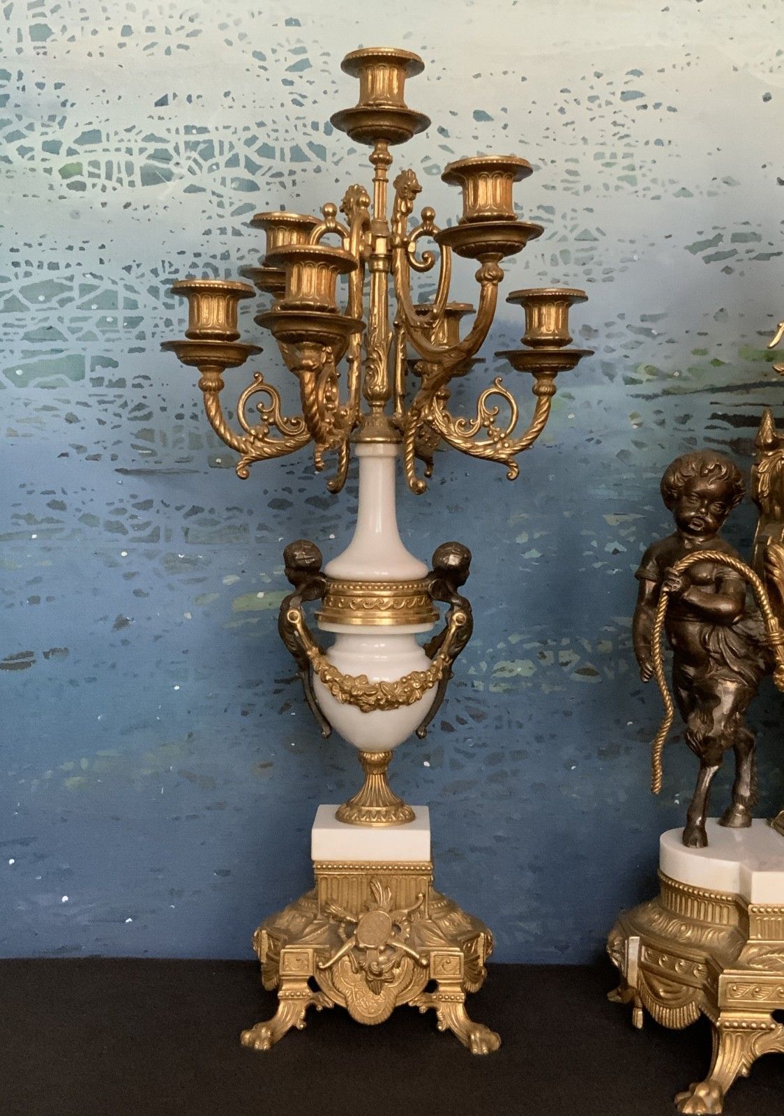 Home Decor Huge Italian Bronze & Marble 3 Piece Garniture Clock Set Inc Candelabra 8 Day photo