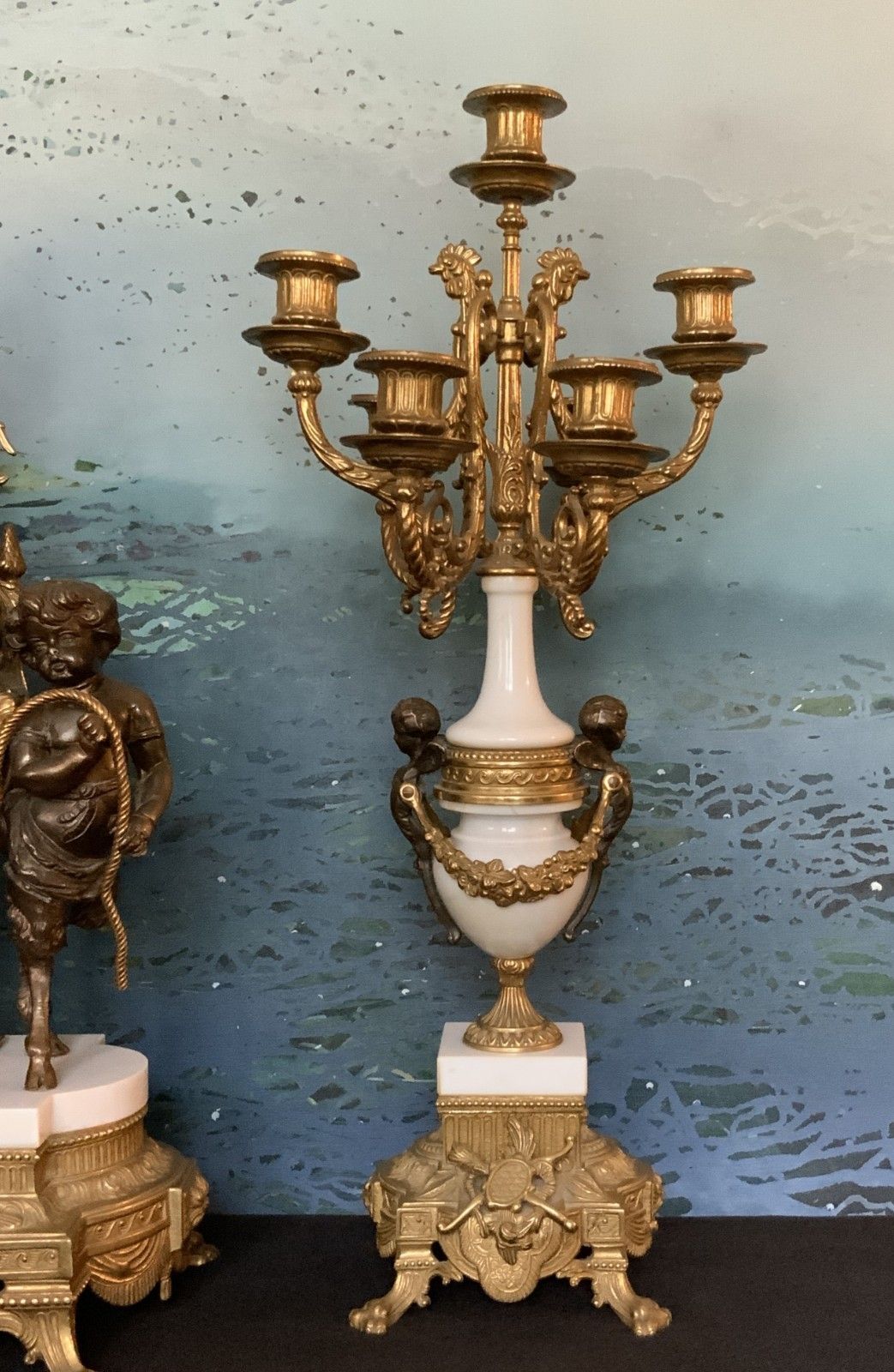 1650.0 Huge Italian Bronze & Marble 3 Piece Garniture Clock Set Inc Candelabra 8 Day photo