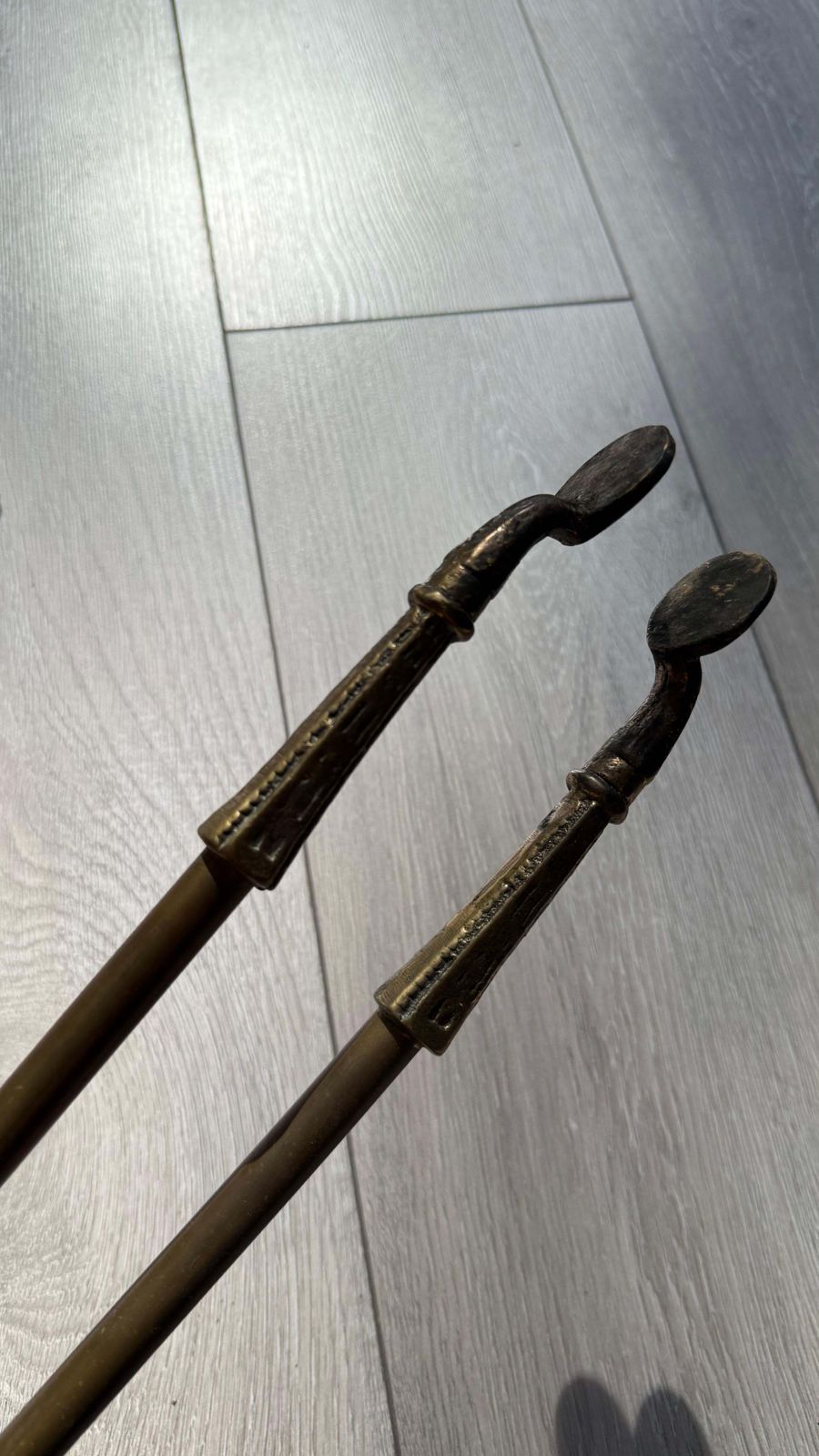 Victorian Gothic Solid Brass Fire Companion Pair, Fireplace Tools, 19th Century photo vintage