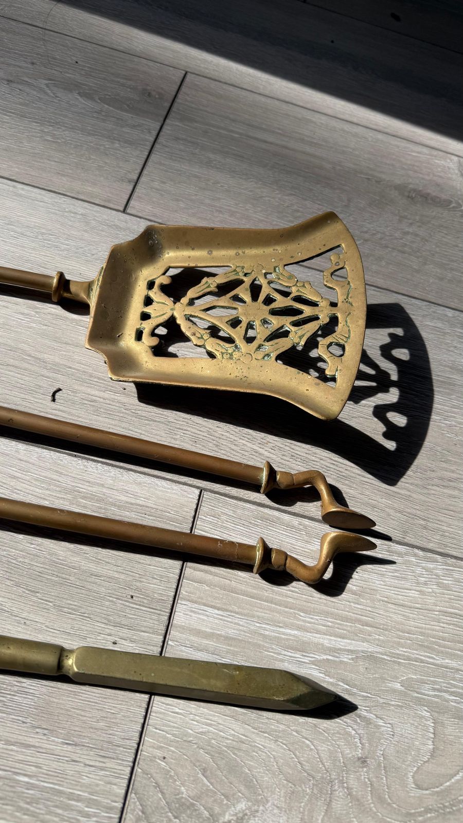 photo furniture Victorian Gothic Brass Fire Companion Set, Fireplace Tools, 19th Century