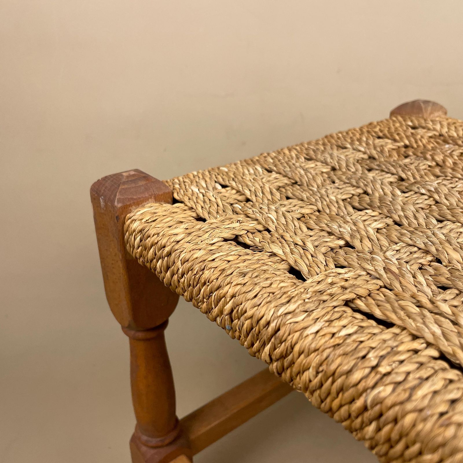 Antique Wooden Foot Stool Woven String Wood Cottage Furniture Square Brown Hallway Seat 29x30x30cm Footstool Bench Natural Rush Seat photo 50.0
