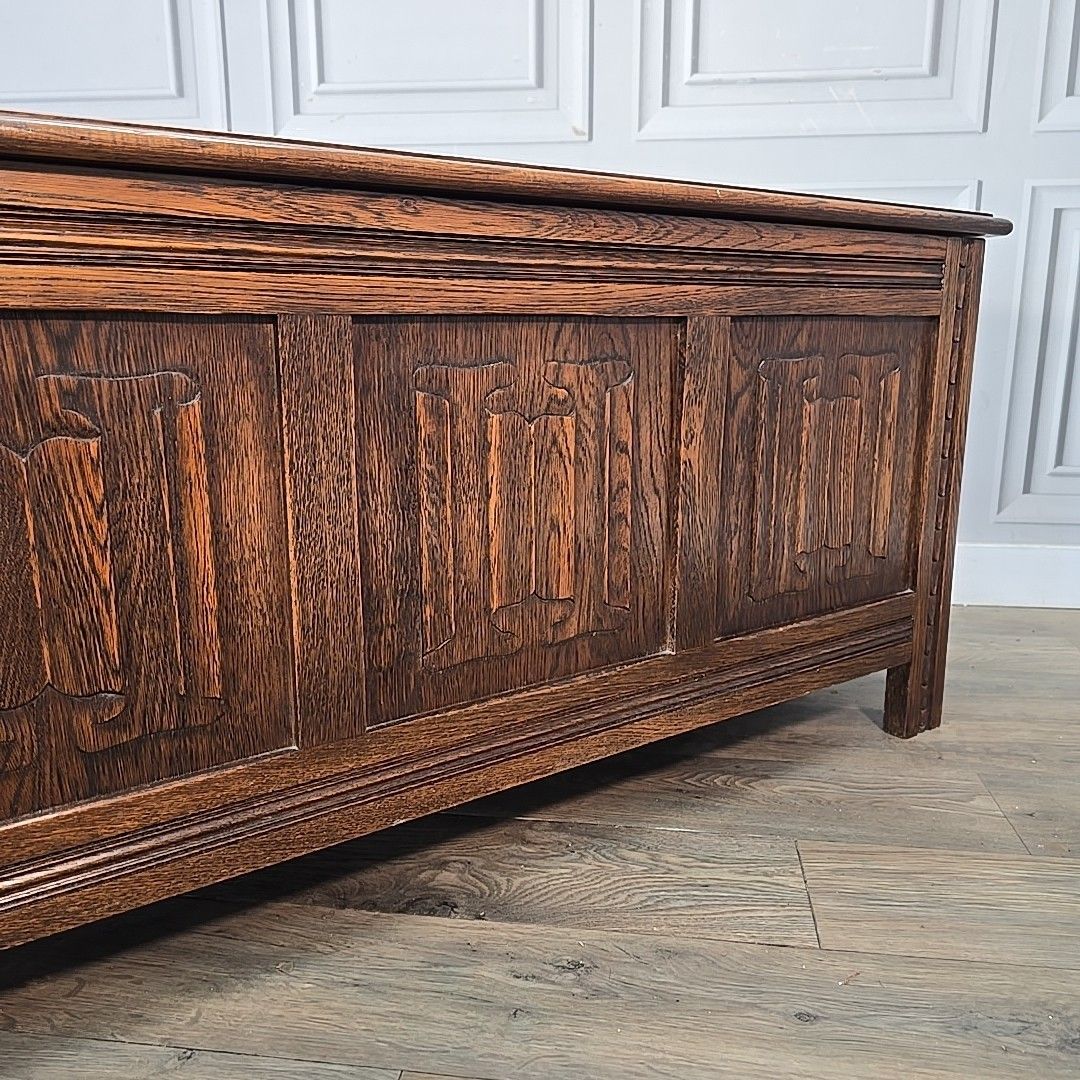 Antique Oak Trunk Chest Carved Linenfold Blanket Storage Box Coffer Vintage photo 270.0