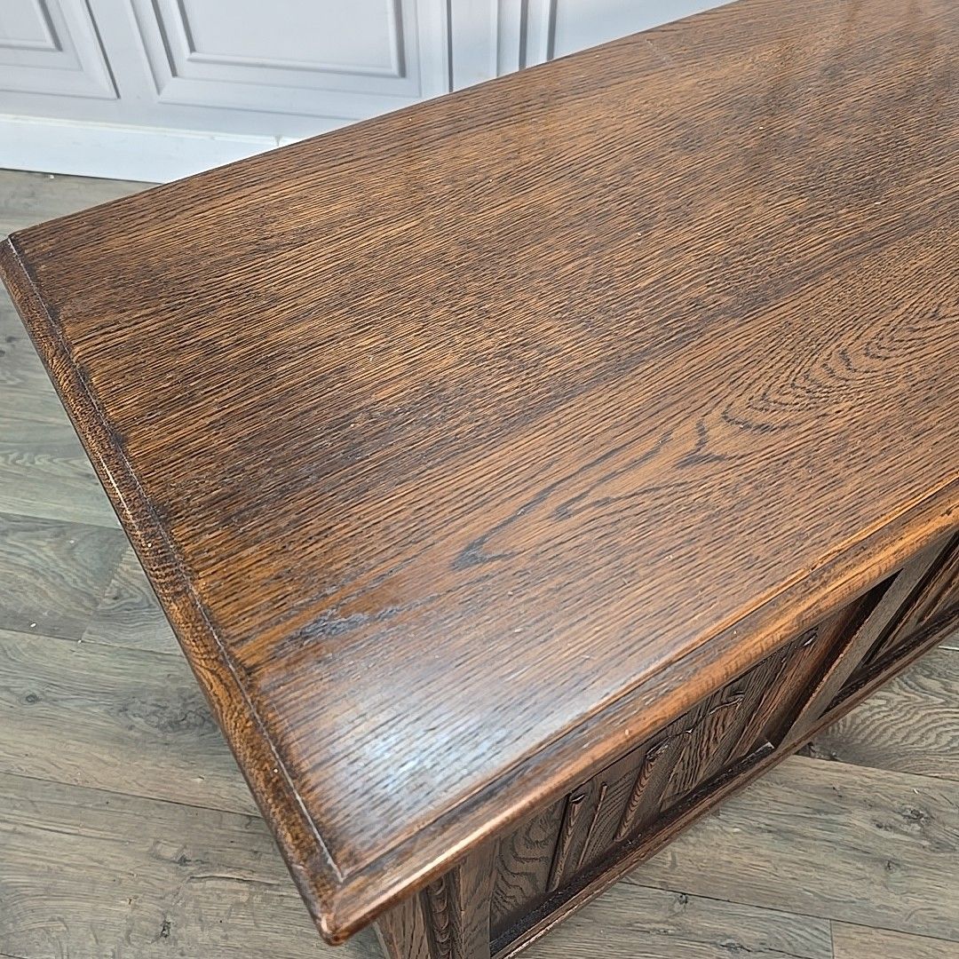 Antique Oak Trunk Chest Carved Linenfold Blanket Storage Box Coffer Vintage photo buy
