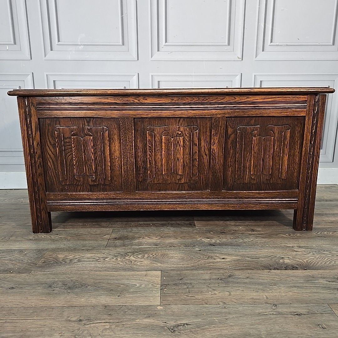 photo buy Antique Oak Trunk Chest Carved Linenfold Blanket Storage Box Coffer Vintage