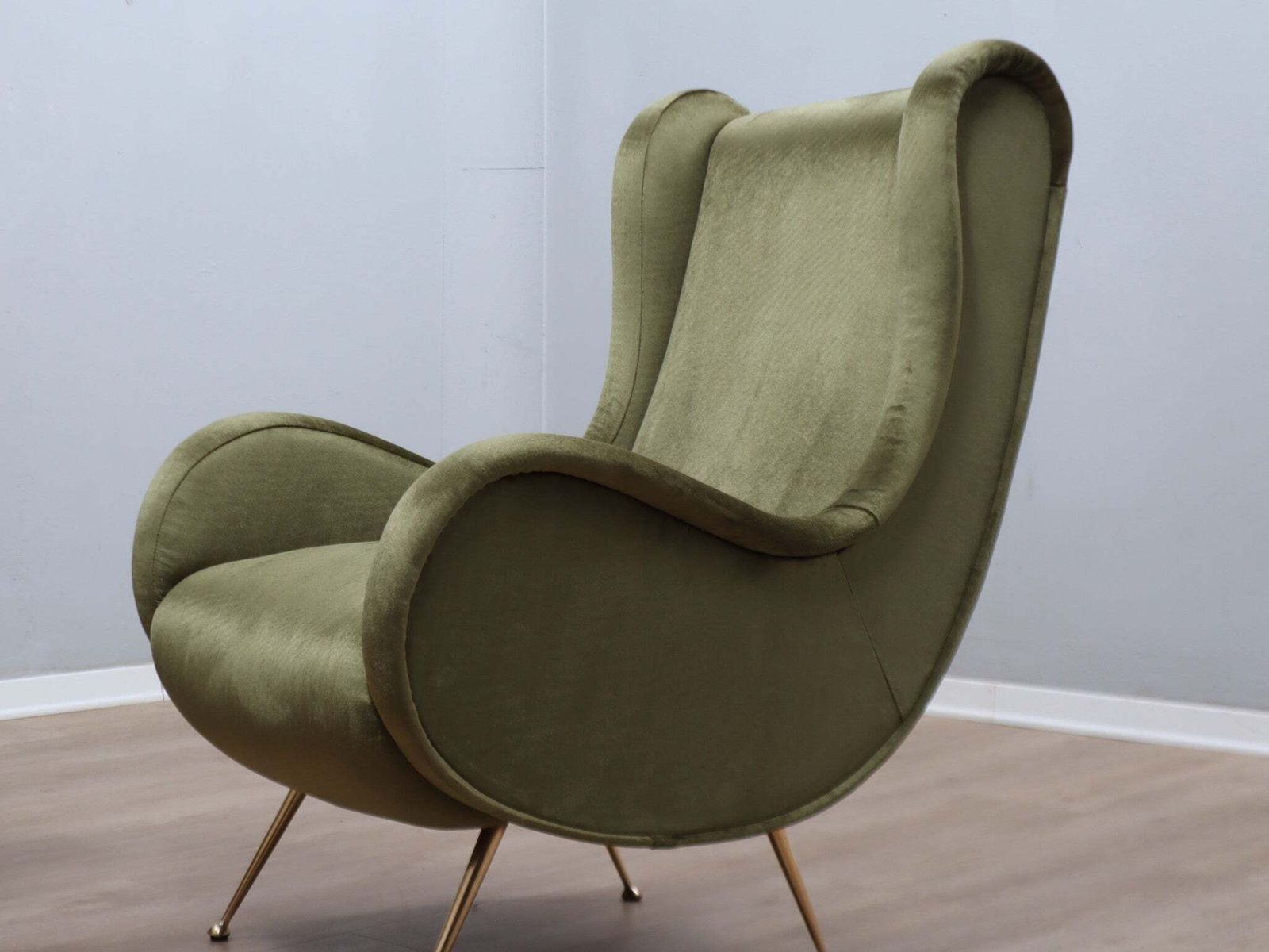 1950s Italian Armchair Senior Zanuso Style Green Velvet photo vinterior