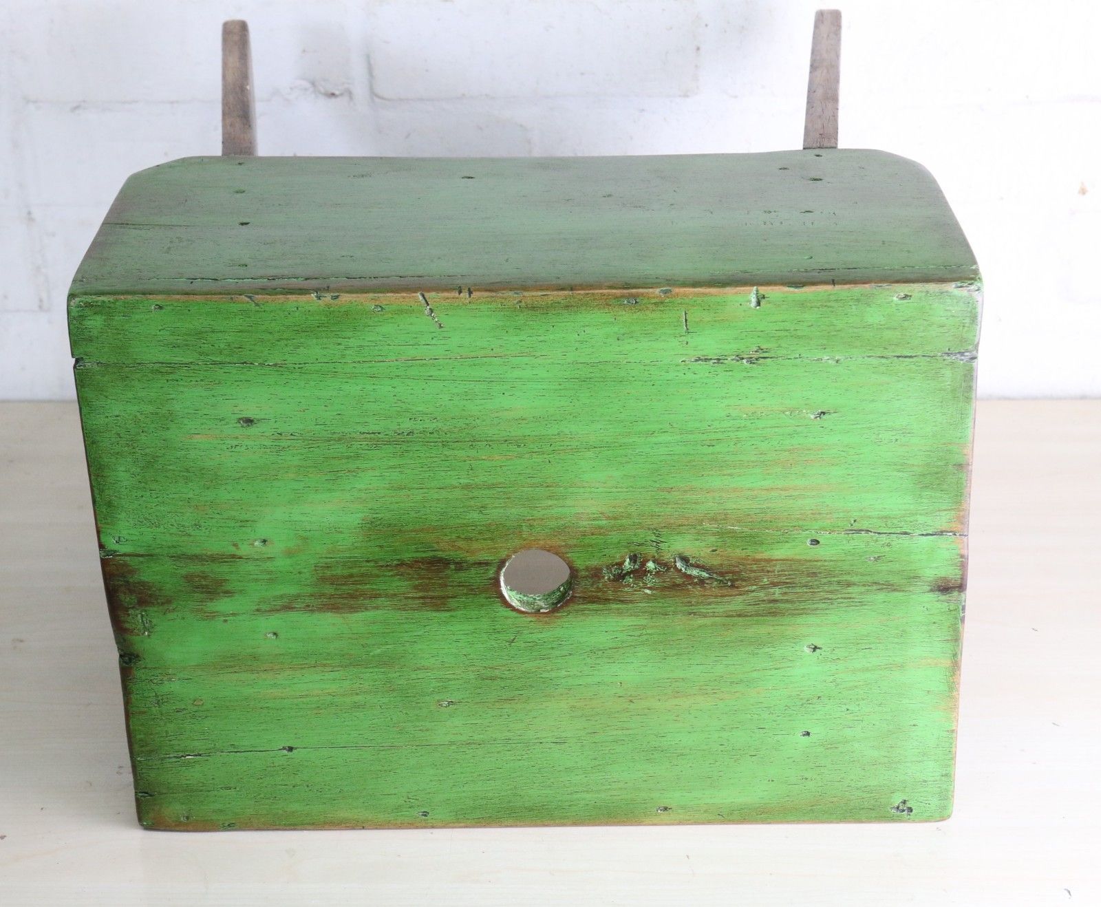 Furniture Antique Aged Wooden Stool Rural Farmhouse Original Country Style Rustic Kitchen photo