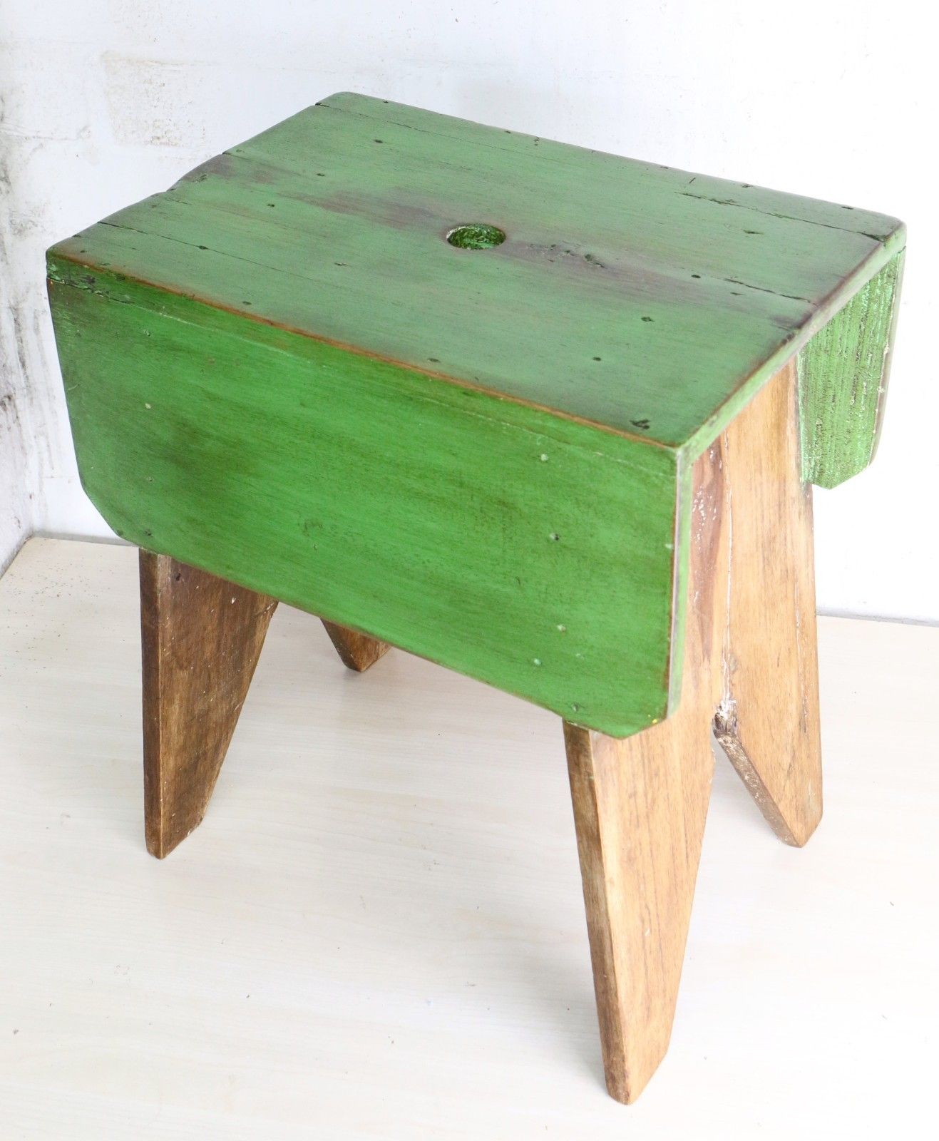 147.0 Antique Aged Wooden Stool Rural Farmhouse Original Country Style Rustic Kitchen photo