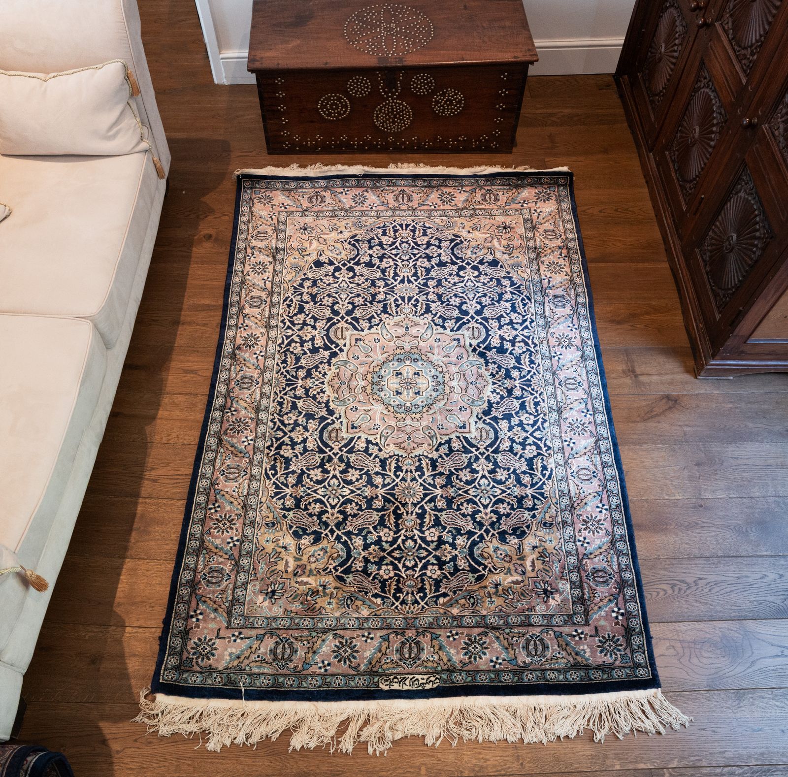 Fine Wool & Silk Indigo Rug In Mahi & Pomegranate Motif photo furniture
