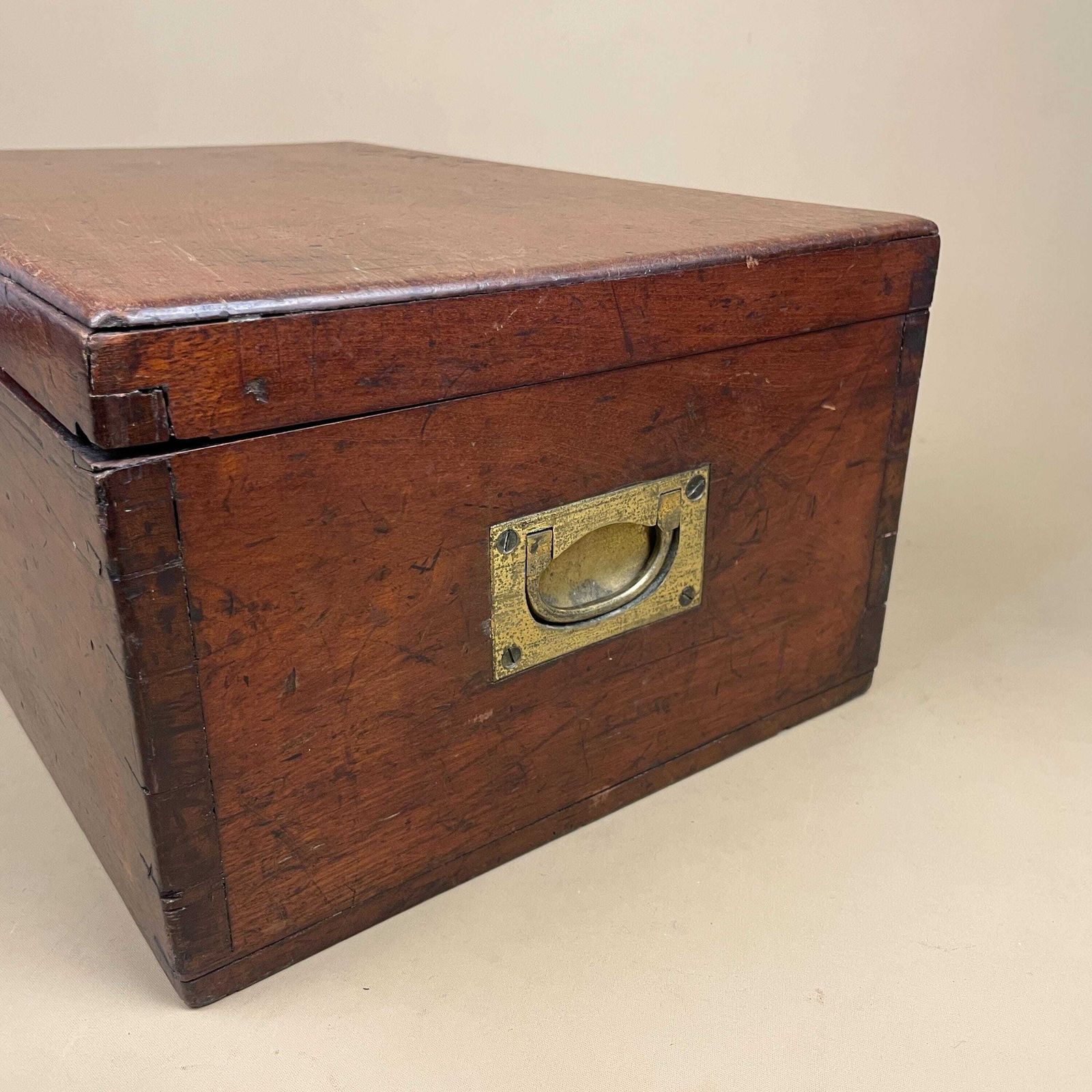 Wooden Campaign Chest Antique Box Military Wood Brass Metal Handles 19th Century Trinket Jewellery Keepsake Gold Trims Lid Rectangle Trunk photo furniture
