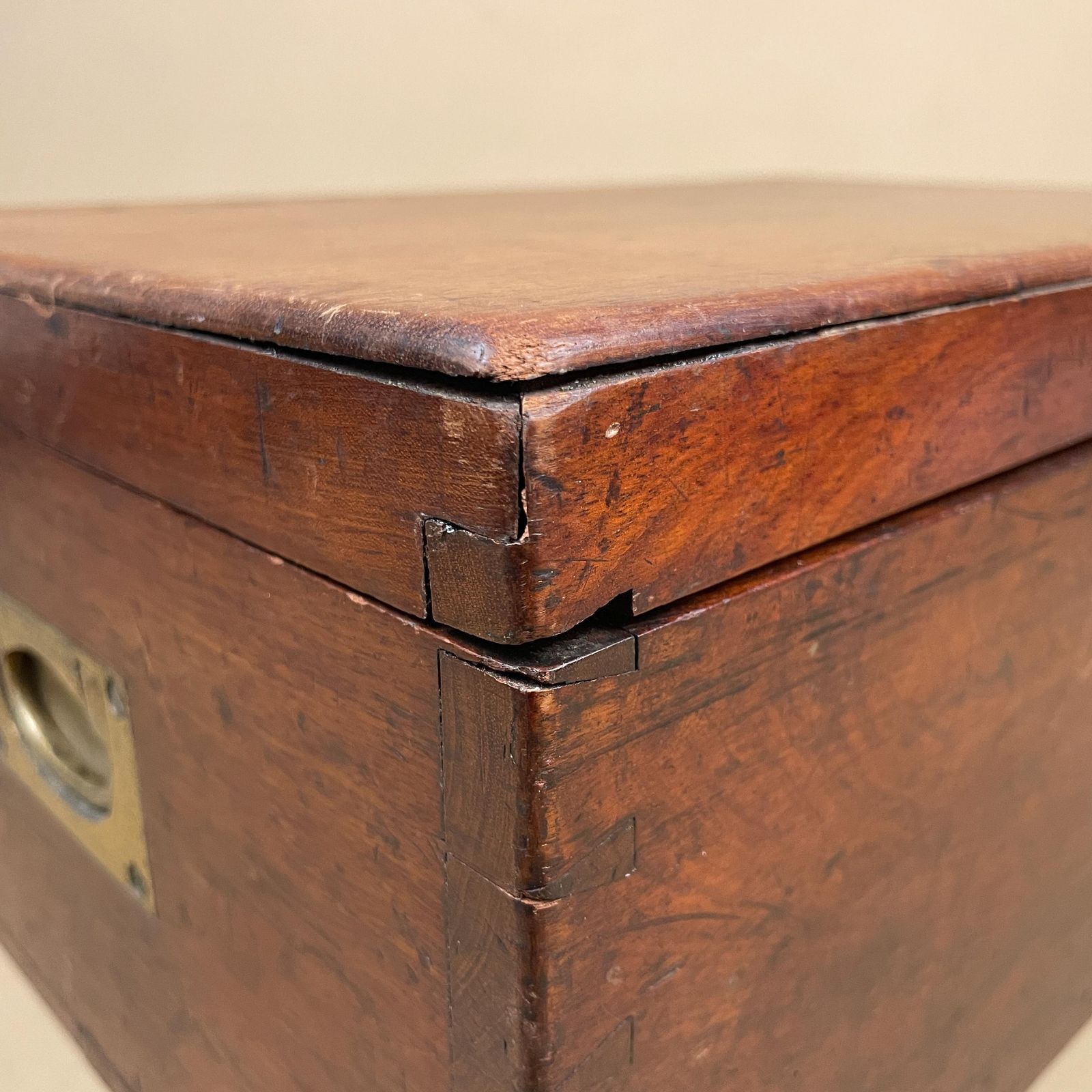 Wooden Campaign Chest Antique Box Military Wood Brass Metal Handles 19th Century Trinket Jewellery Keepsake Gold Trims Lid Rectangle Trunk photo vintage