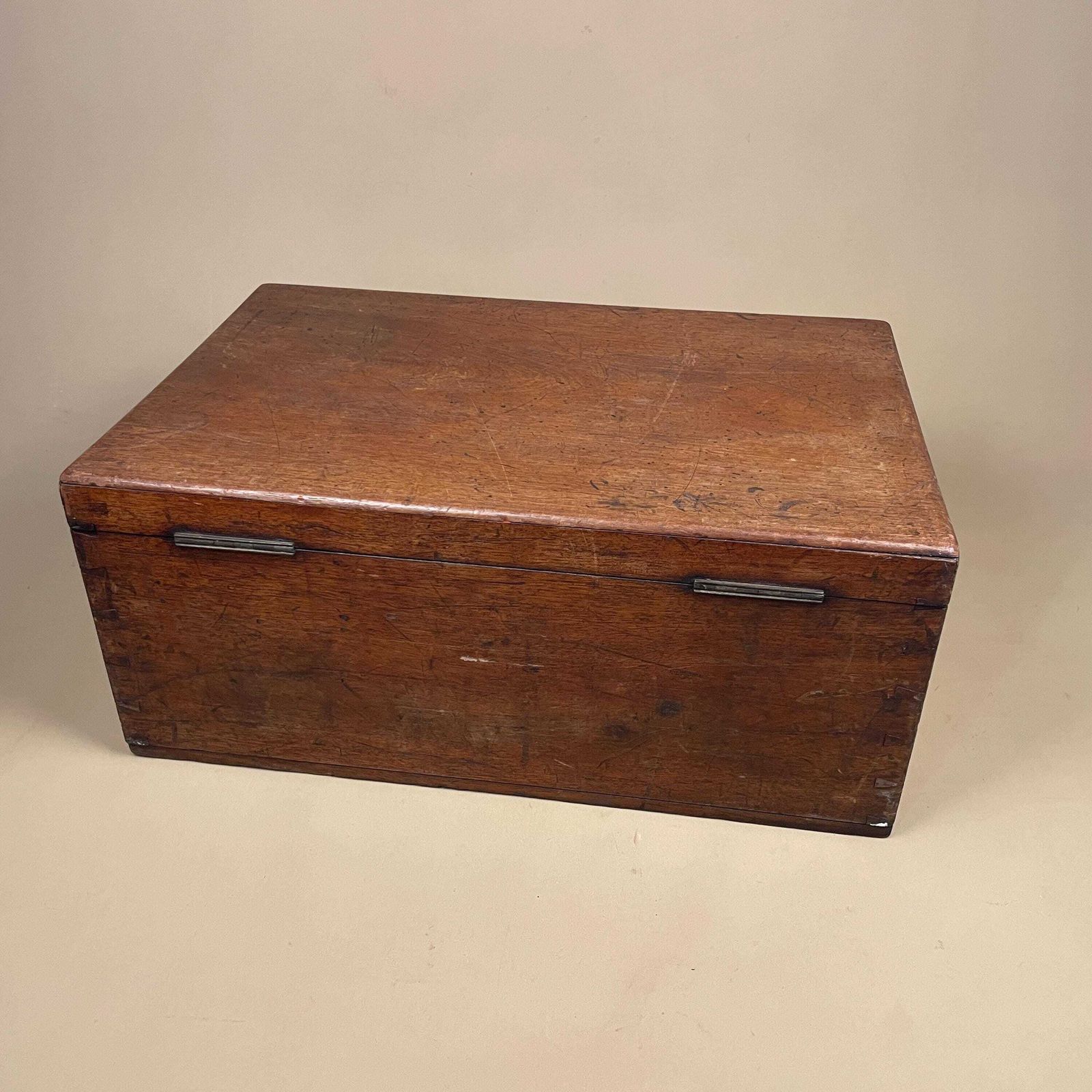 Furniture Wooden Campaign Chest Antique Box Military Wood Brass Metal Handles 19th Century Trinket Jewellery Keepsake Gold Trims Lid Rectangle Trunk photo