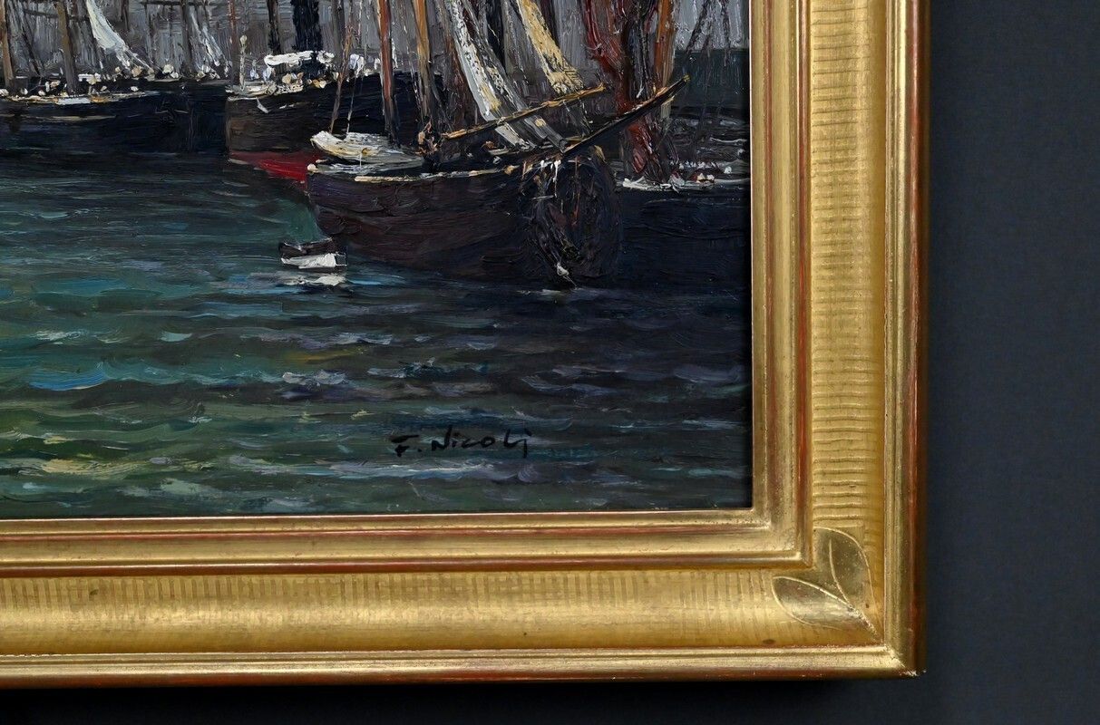 photo furniture Painting “Port Scene”, Oil On Canvas, Signed F. Nicoli – 20th Century