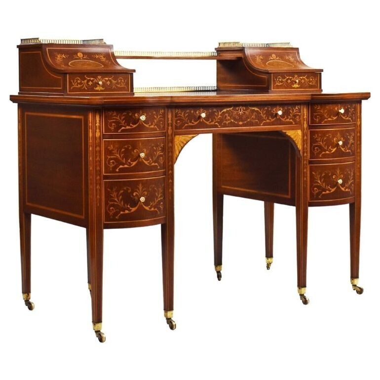 Victorian Sheraton Revival Marquetry Inlaid Carlton House Desk