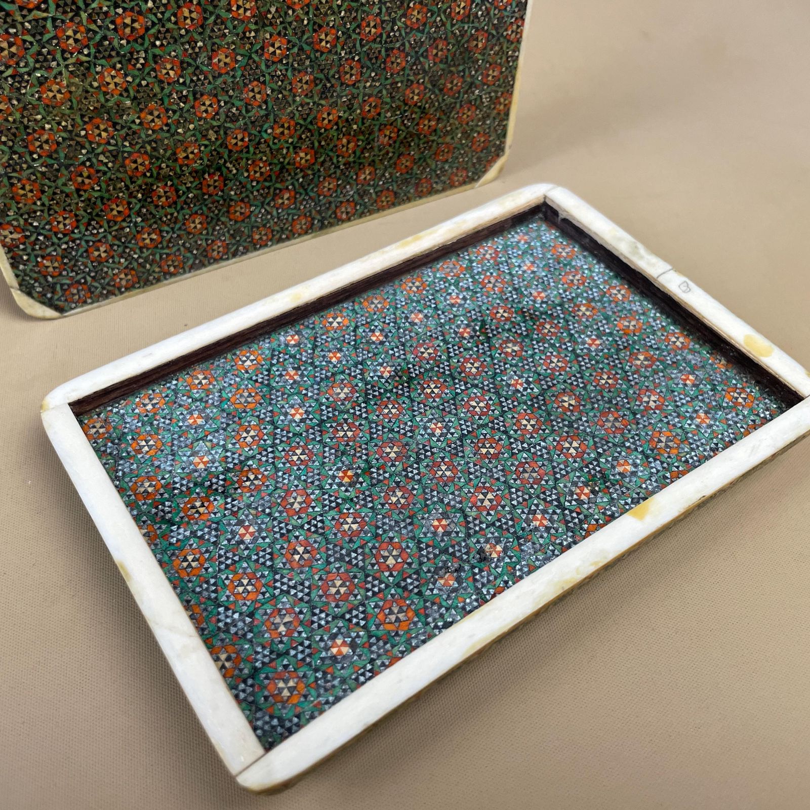 photo furniture Middle Eastern Box Wooden Inlay Mosaic Pattern Trinket Jewellery Rectangle Antique Keepsake Storage Fine Detail Marquetry Hand Crafted