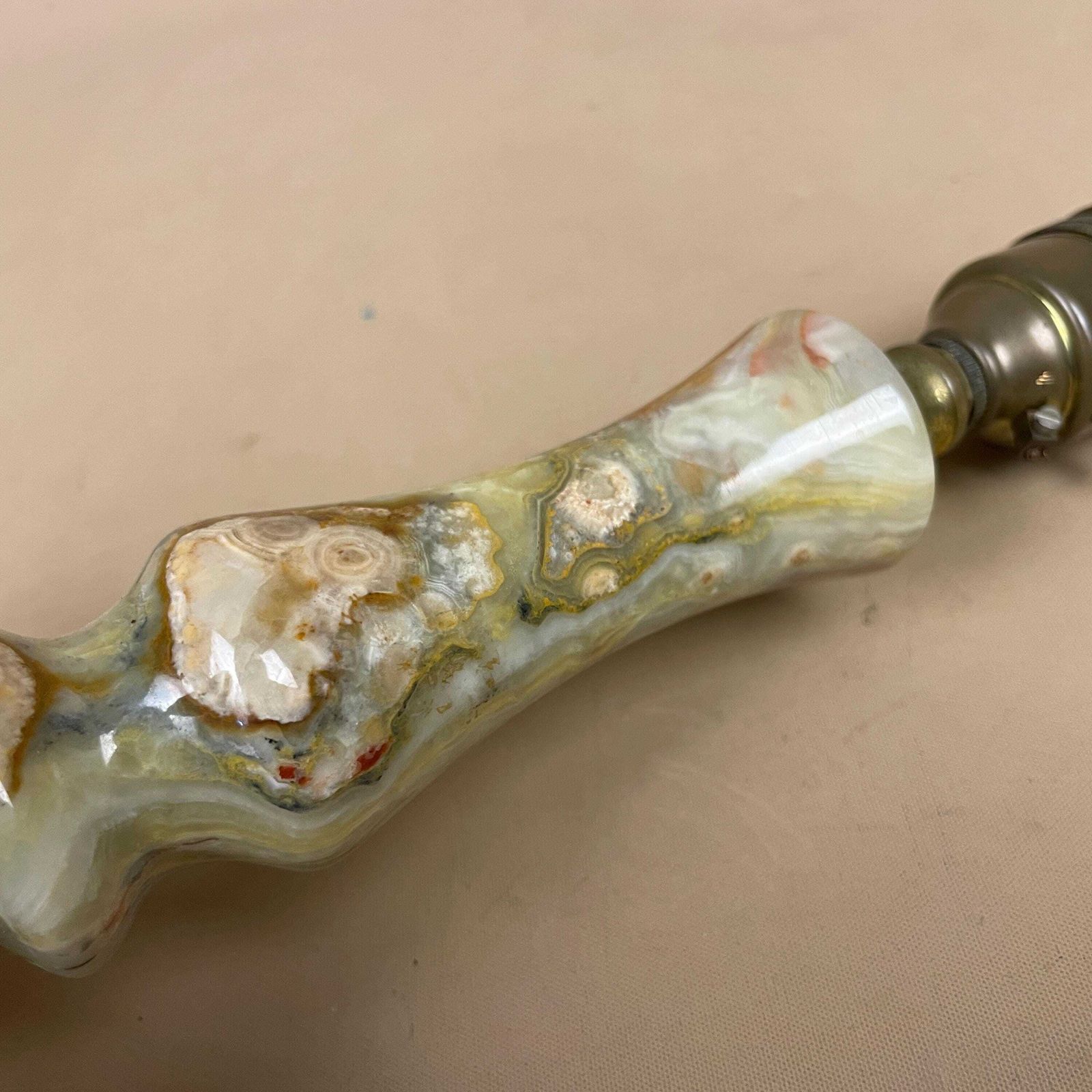 Green Onyx Marble Lamp Light Bedside Brass Gold Metal Ornate Base Marbled Pattern Heavy Classic Column Natural Stone Antique Vintage Side photo vintage