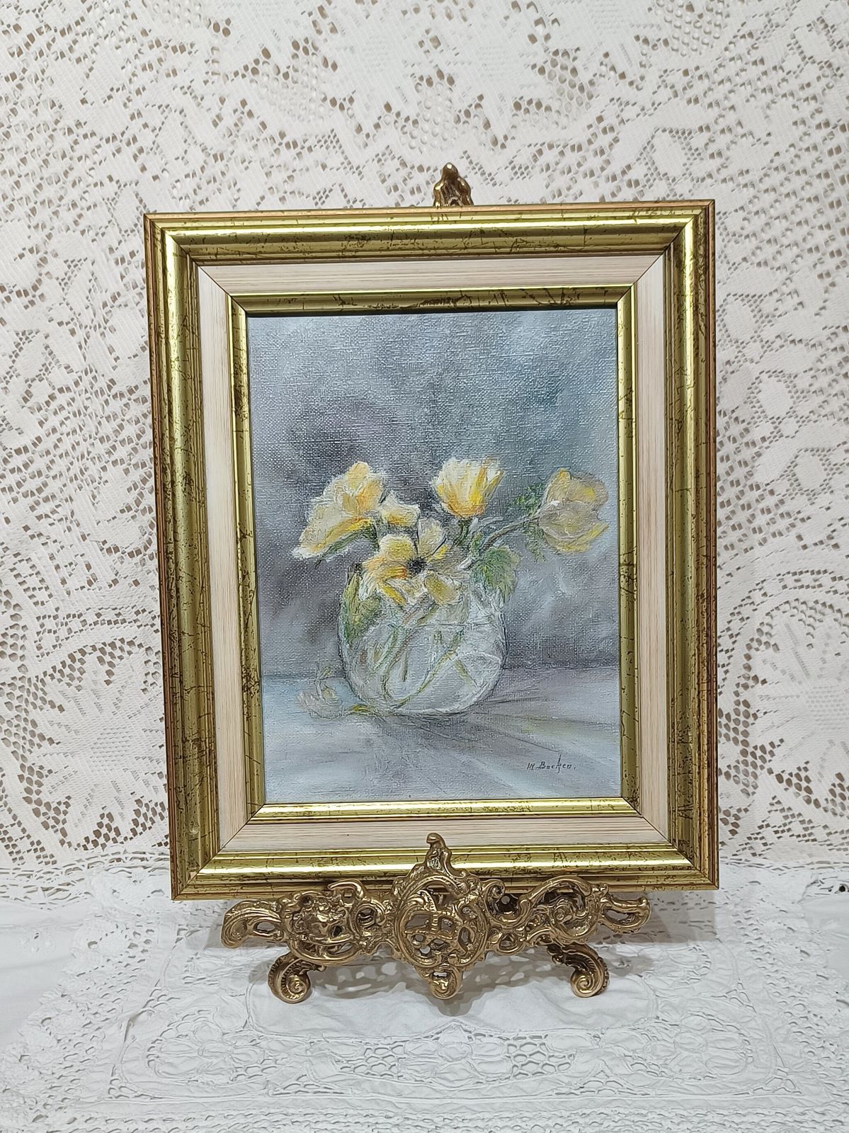 Floral Oil Painting Still Life Yellow Flowers In A Glass Signed.